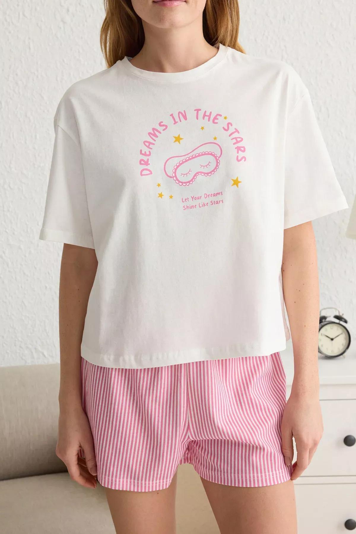 Pink Striped Slogan Printed Pajama Set with Shorts, set of 2, Pink, large image number 2