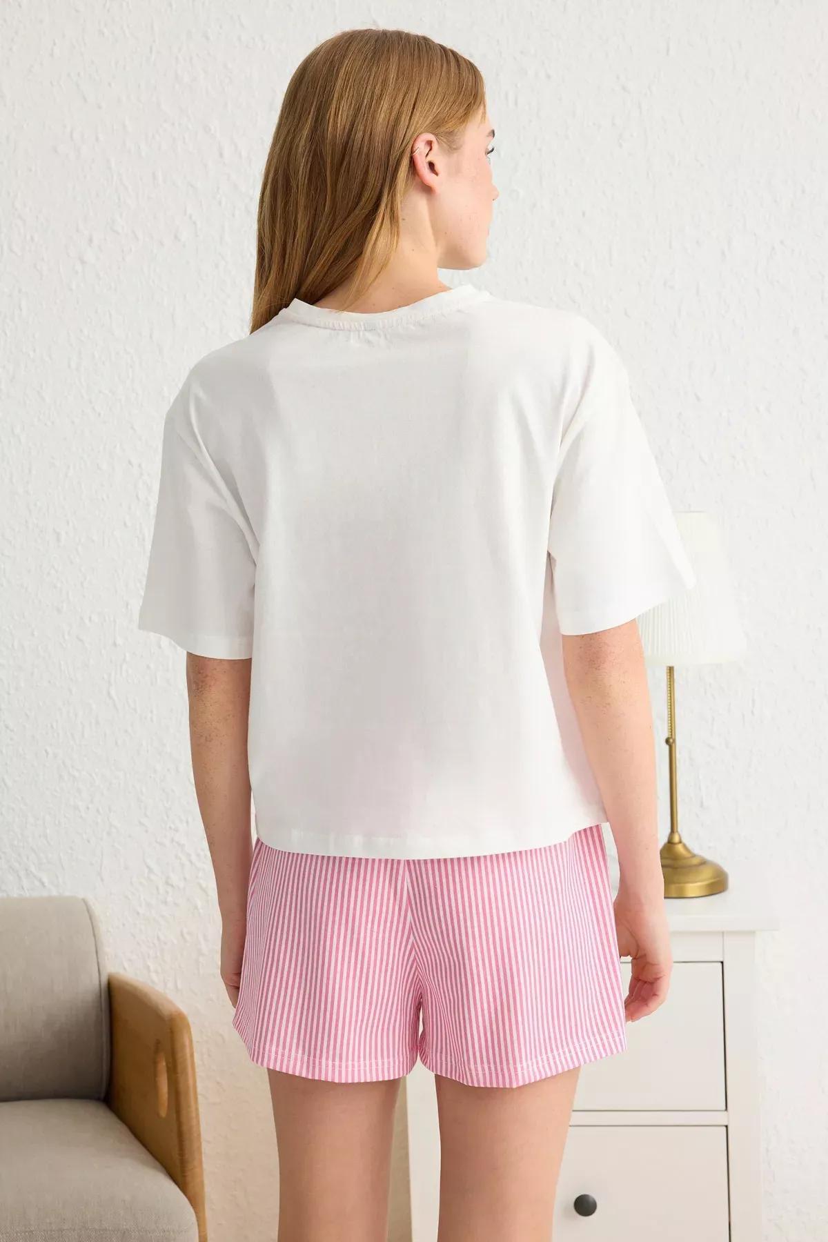 Pink Striped Slogan Printed Pajama Set with Shorts, set of 2, Pink, large image number 4