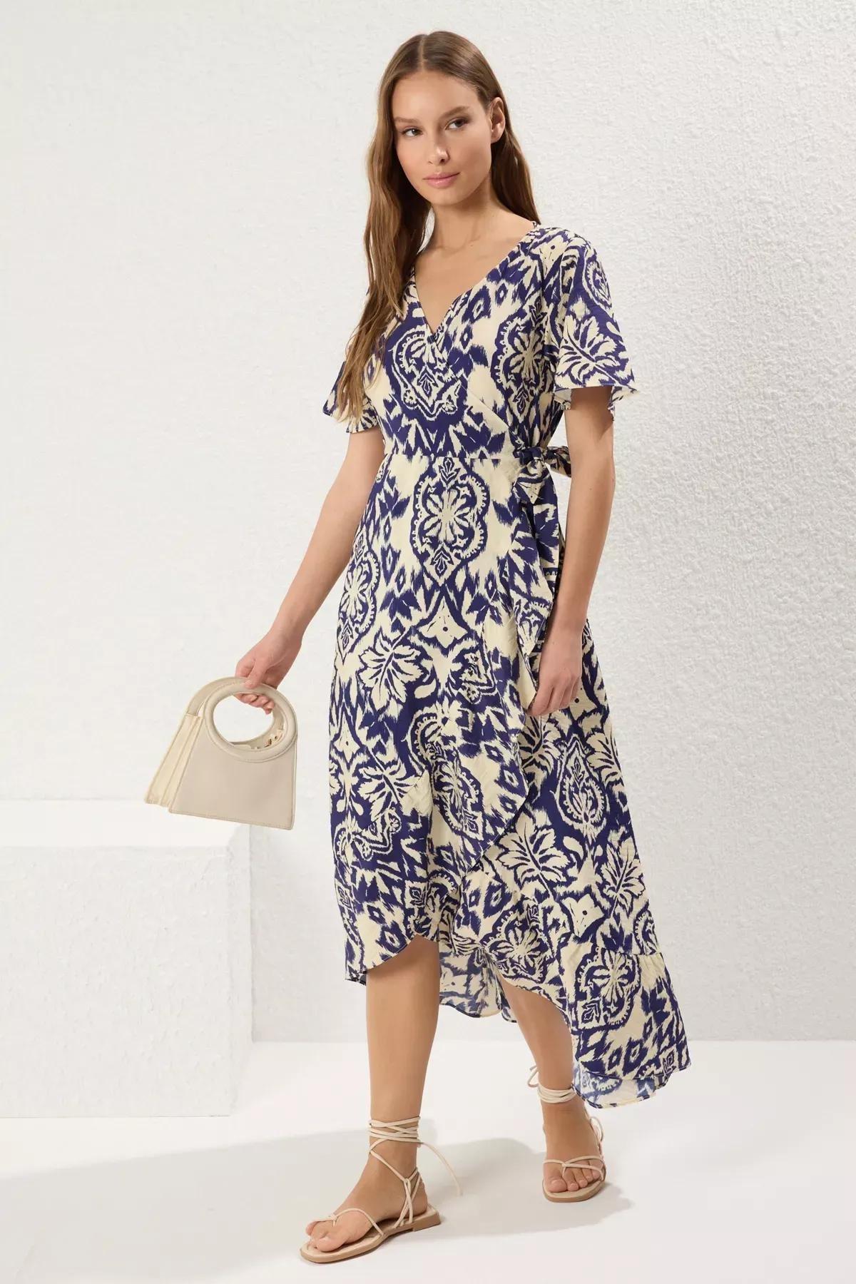 Navy Belted Patterned Midi Dress, Navy blue, large image number 0