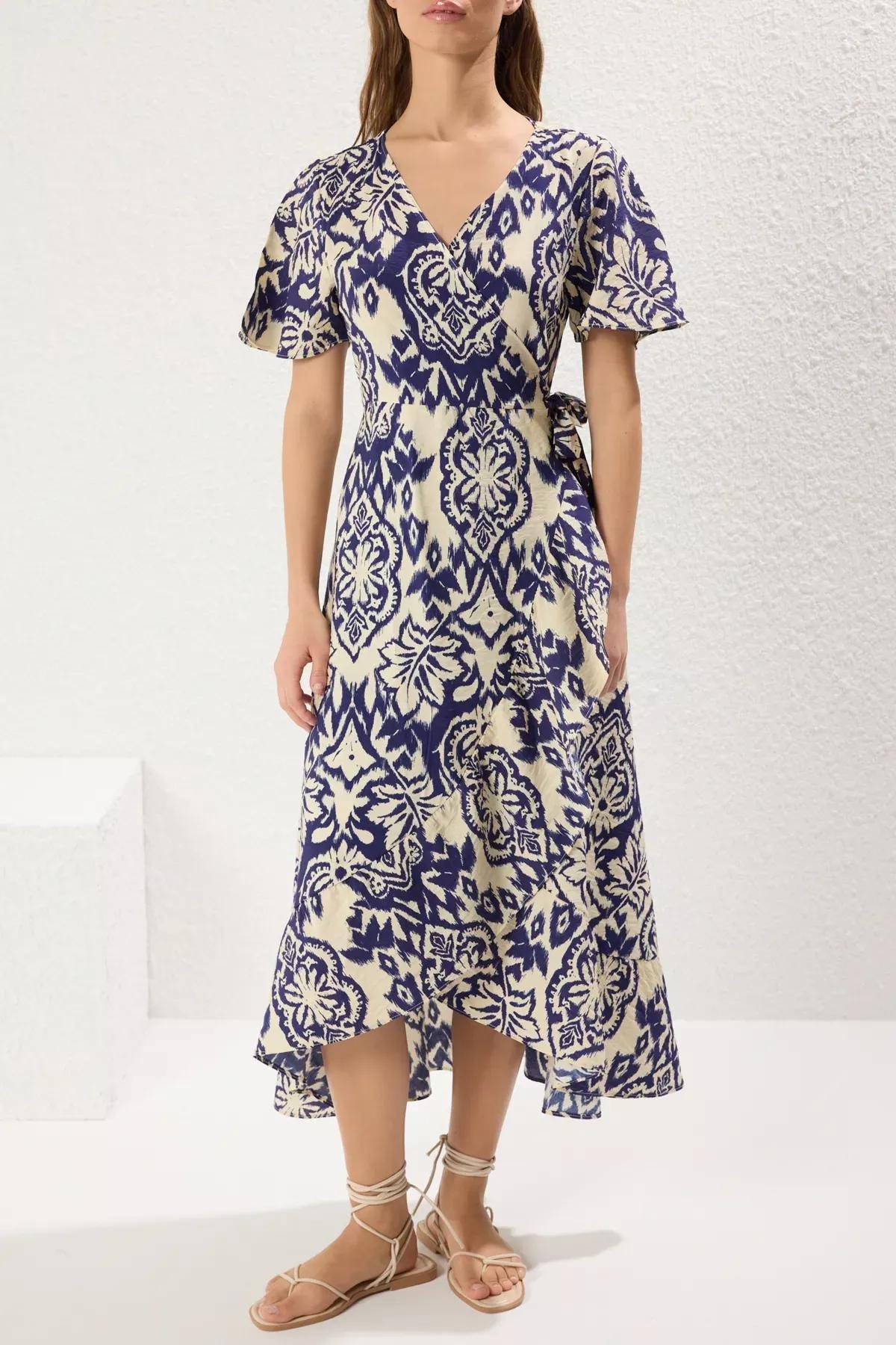 Navy Belted Patterned Midi Dress, Navy blue, large image number 2