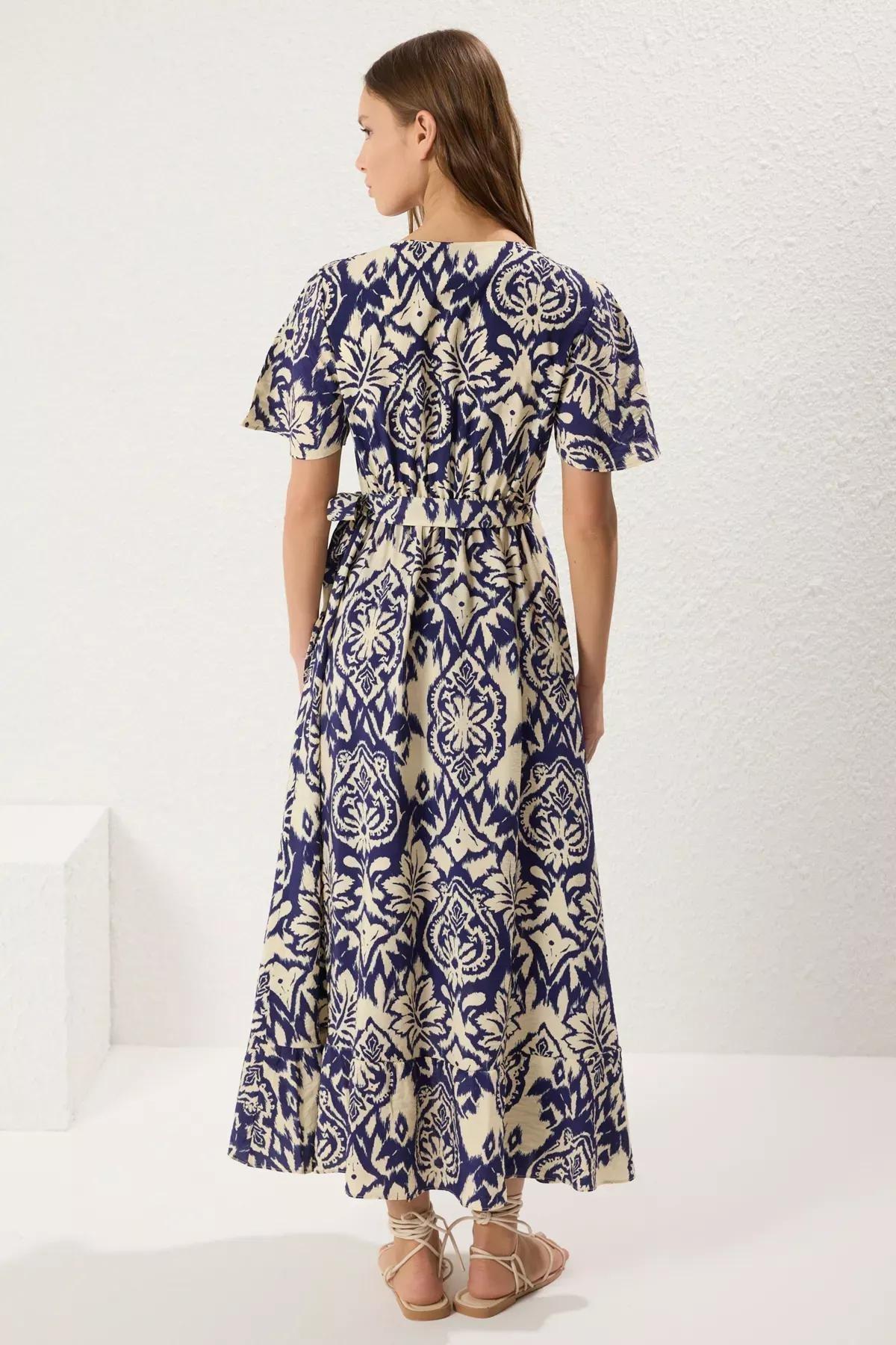 Navy Belted Patterned Midi Dress, Navy blue, large image number 4
