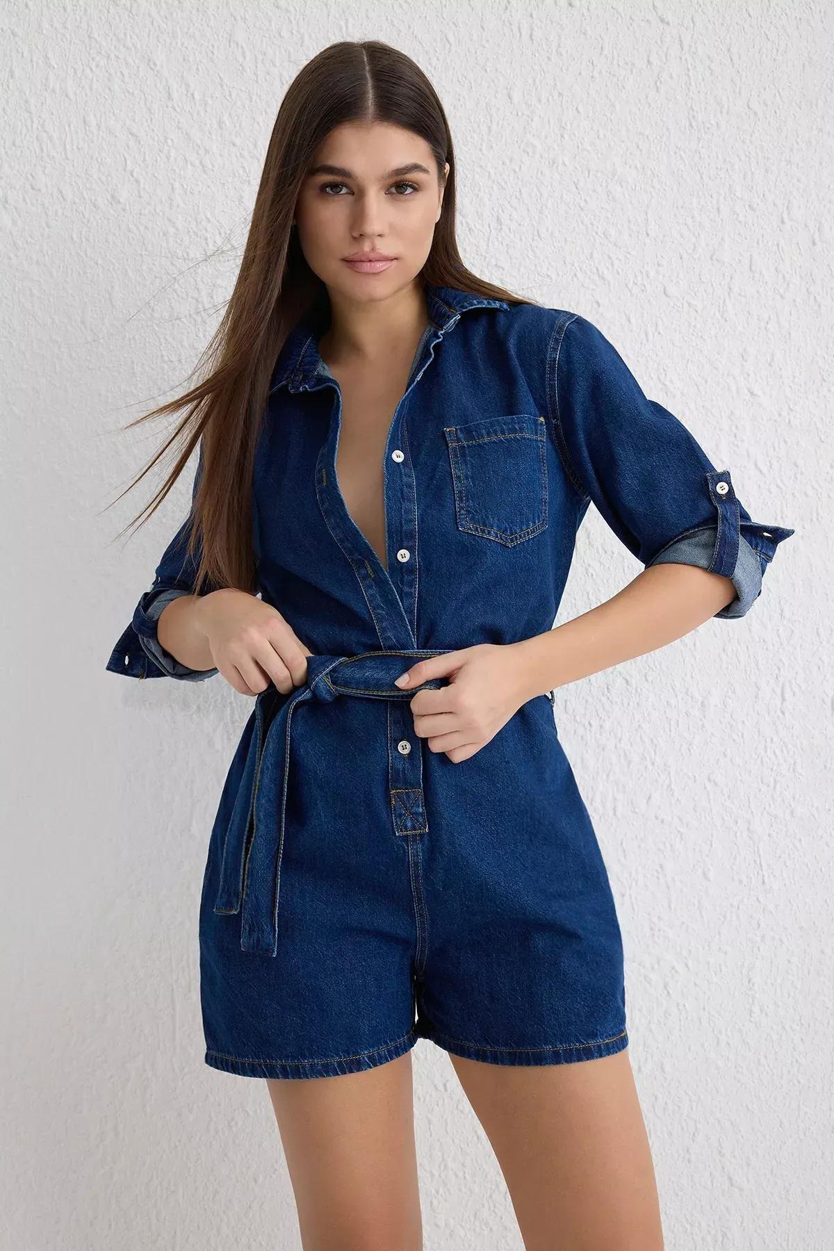 Blue Belted Mini Denim Overalls, , large image number 1
