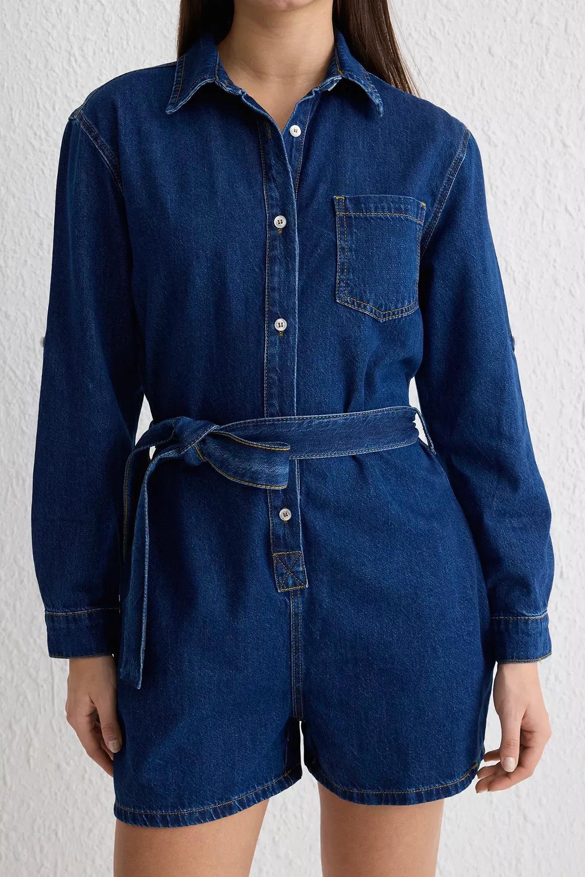 Blue Belted Mini Denim Overalls, , large image number 2