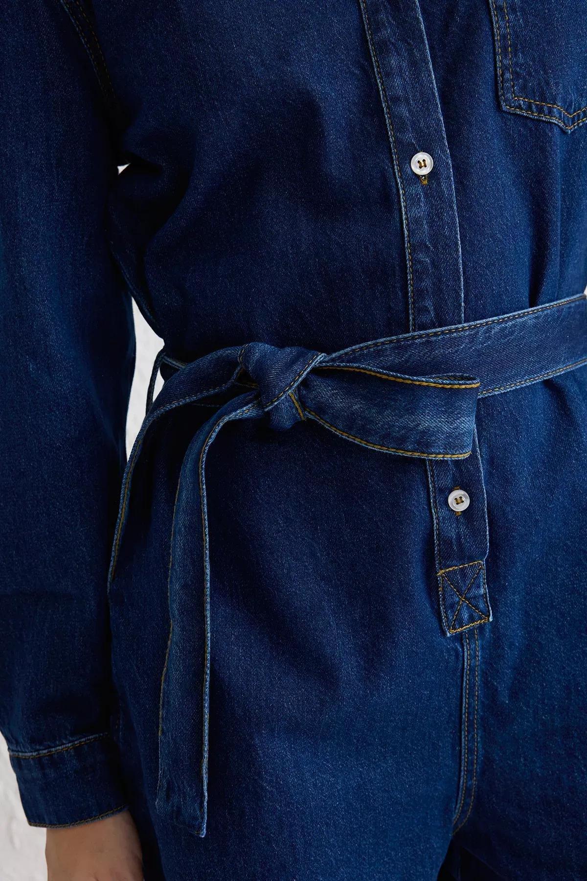 Blue Belted Mini Denim Overalls, , large image number 3