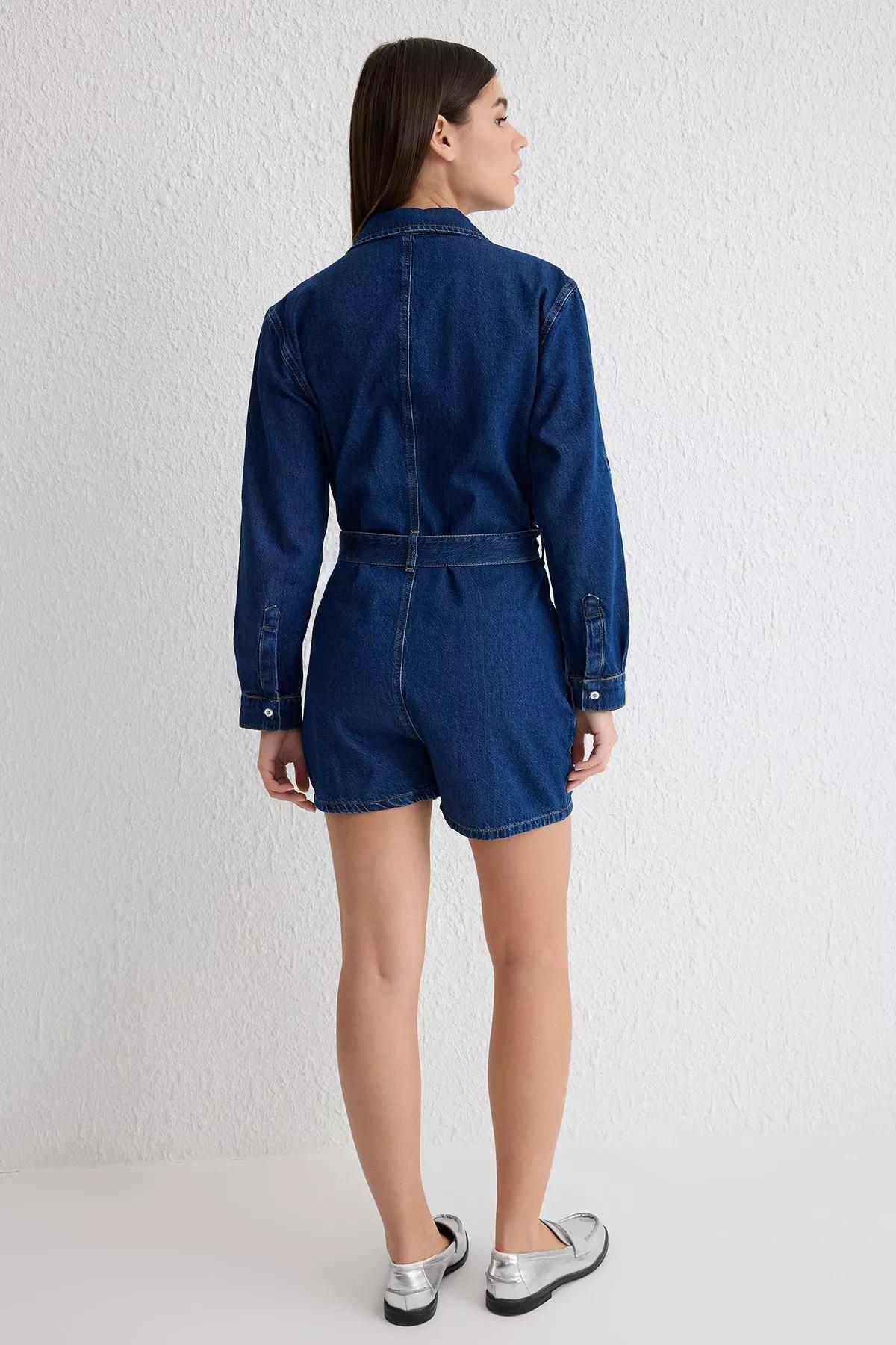 Blue Belted Mini Denim Overalls, , large image number 4