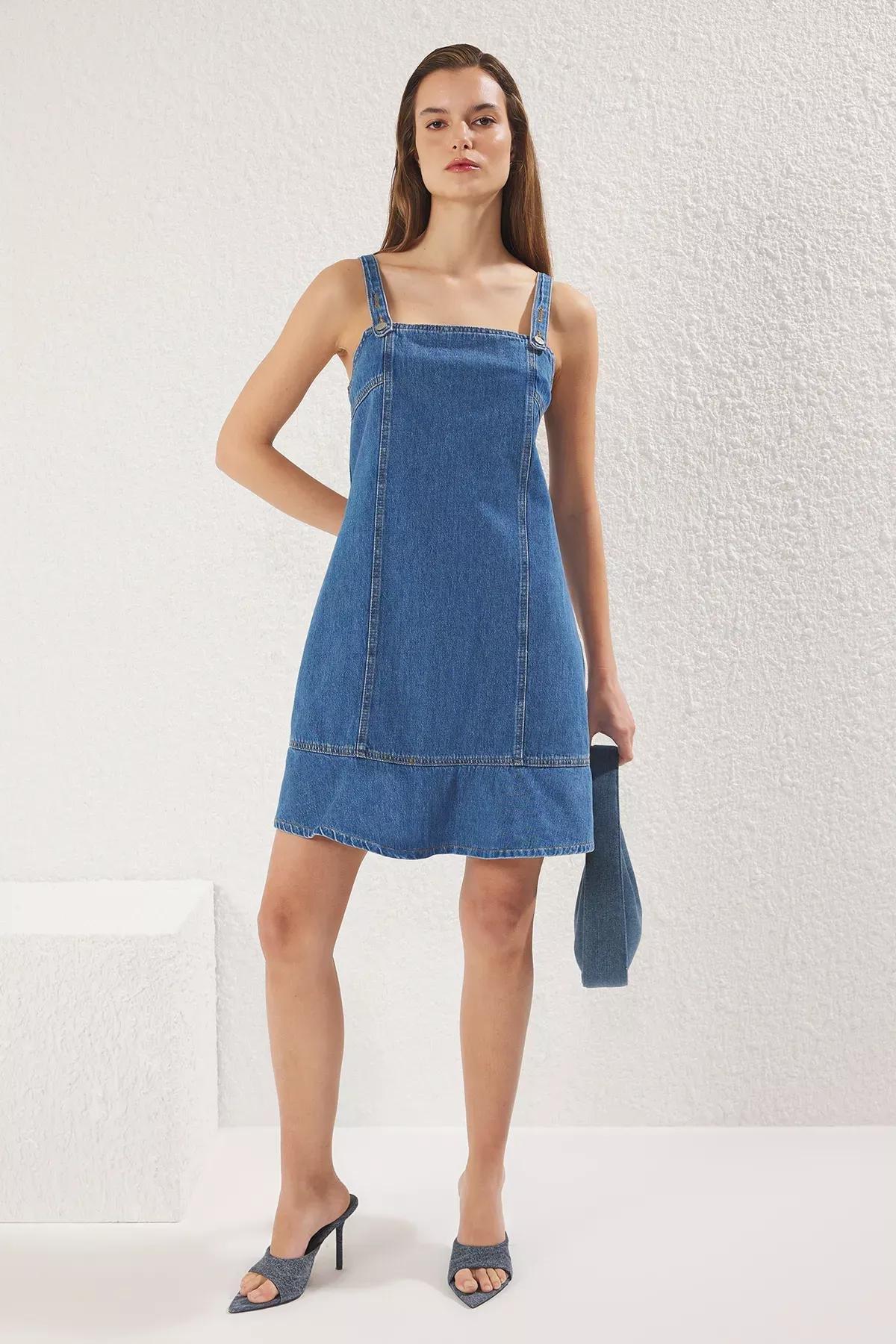 Blue Mini Strappy Flounce Denim Dress, , large image number 1