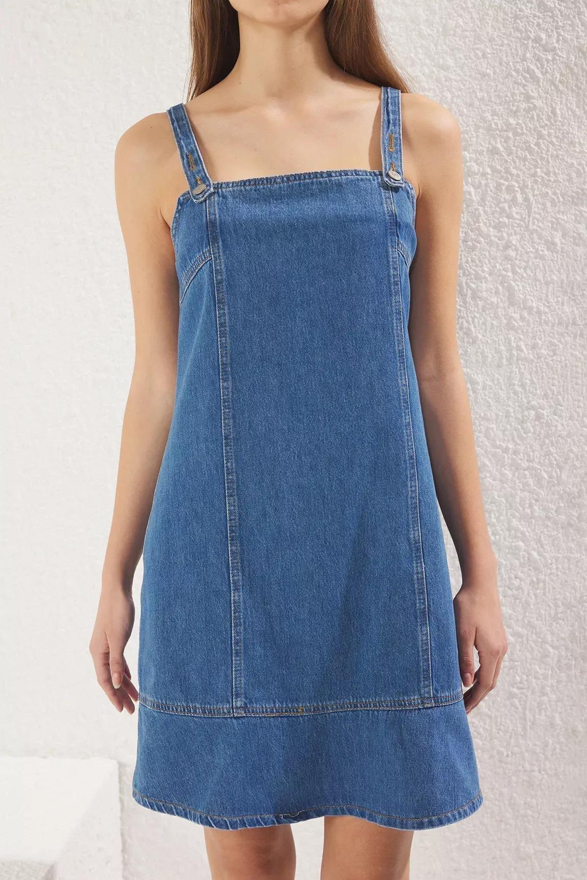 Blue Mini Strappy Flounce Denim Dress, , large image number 2