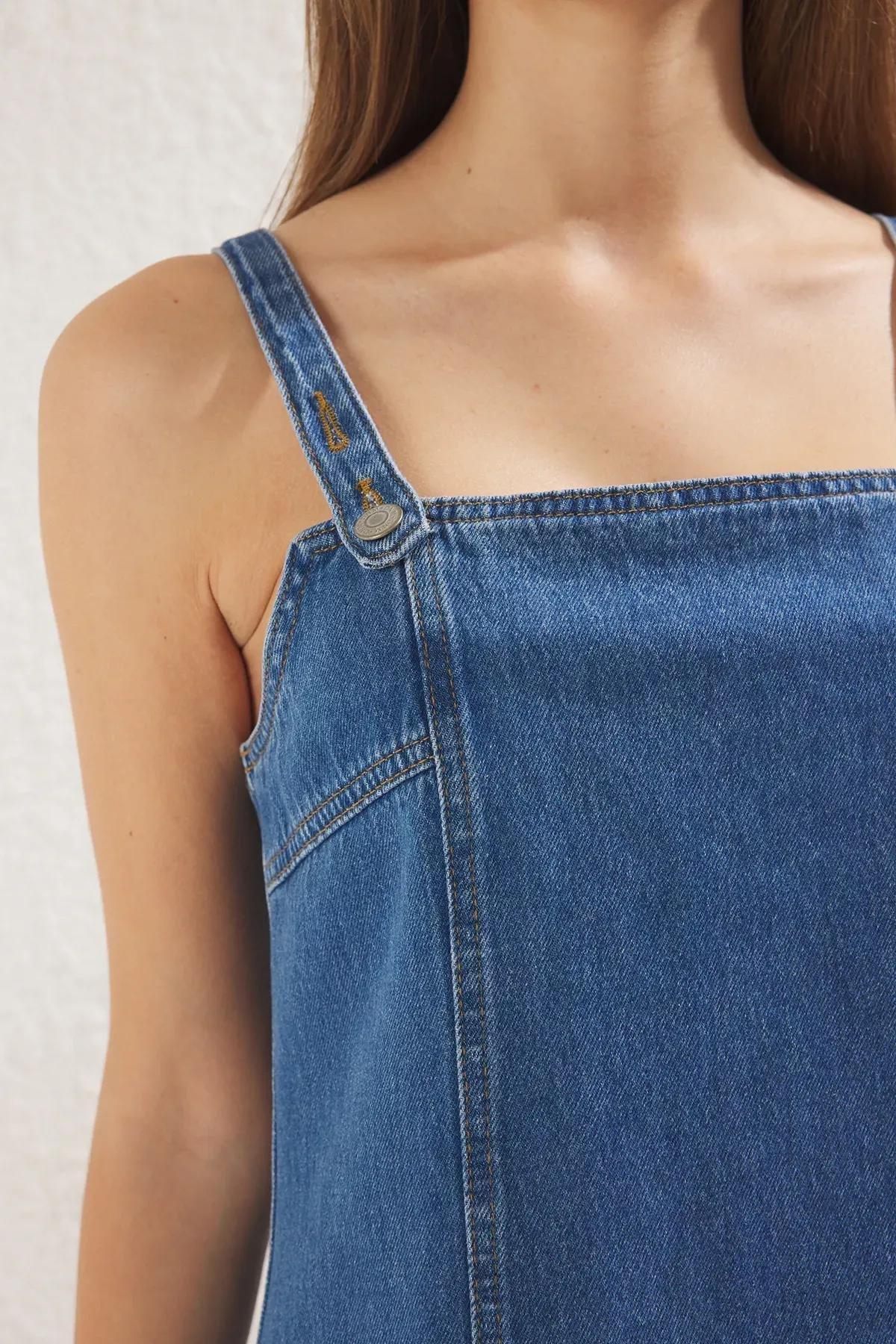 Blue Mini Strappy Flounce Denim Dress, , large image number 3