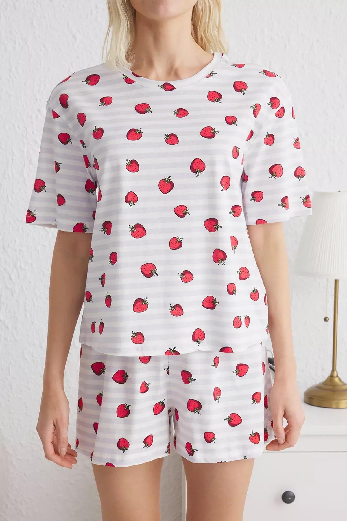 Multicolor Striped Strawberry Pajama Set, Blue-Multicolor, large image number 1