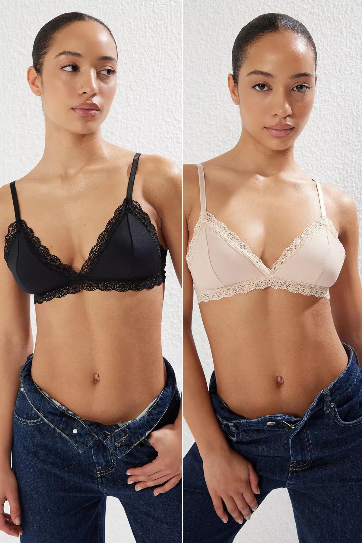 Black Lace Triangle Bra, set of 3, Black-Skin, large image number 0