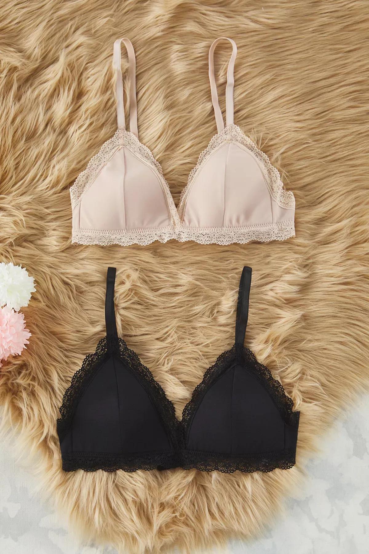 Black Lace Triangle Bra, set of 3, Black-Skin, large image number 5