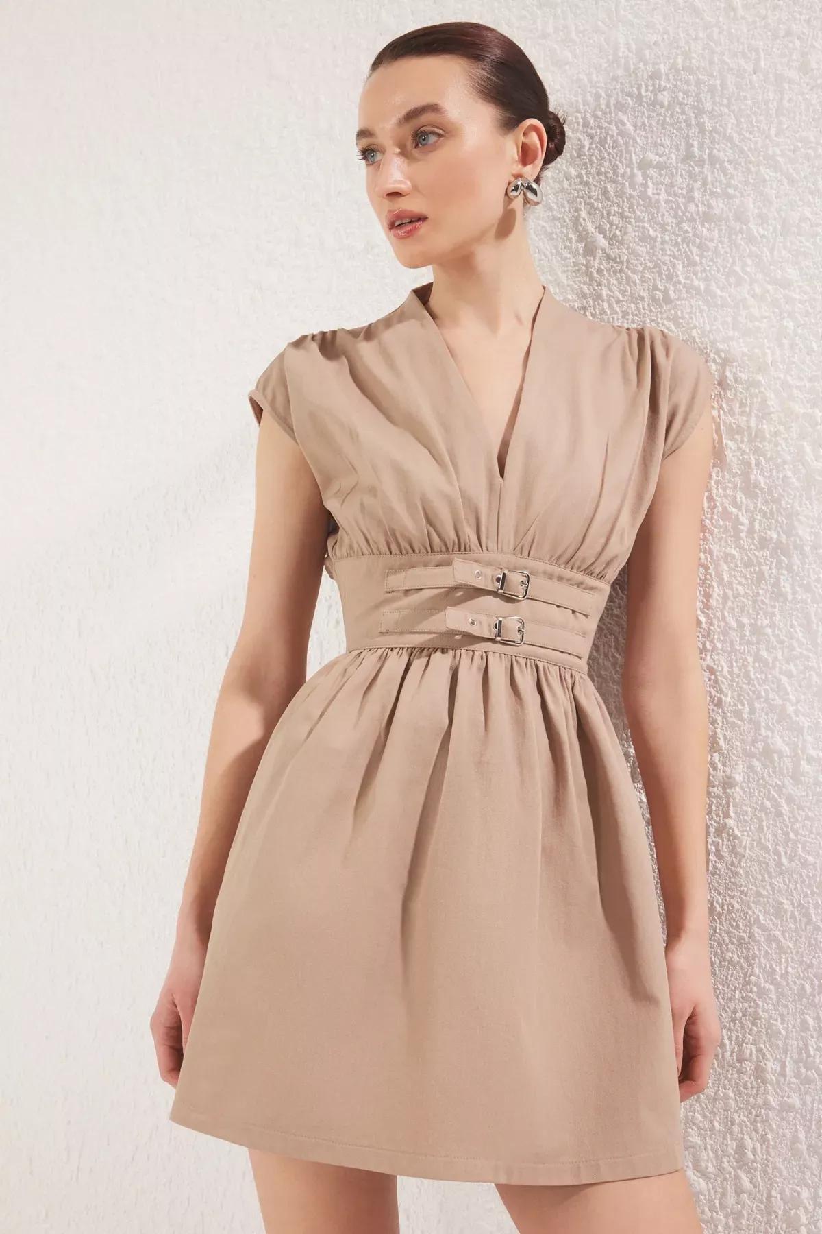 Beige Belted Straight A-Line Mini Dress, CAMEL, large image number 0
