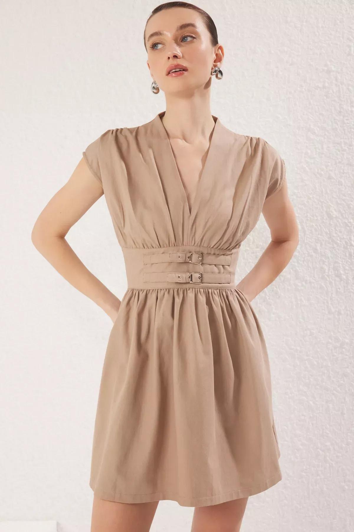 Beige Belted Straight A-Line Mini Dress, CAMEL, large image number 1