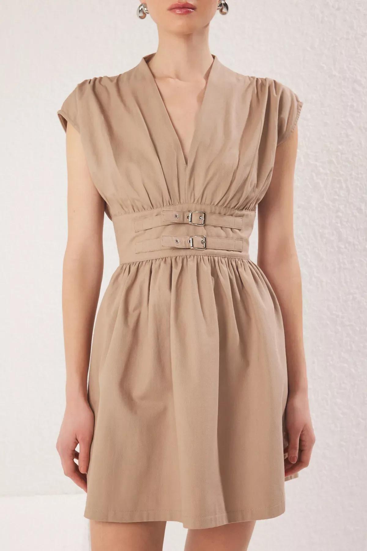 Beige Belted Straight A-Line Mini Dress, CAMEL, large image number 2