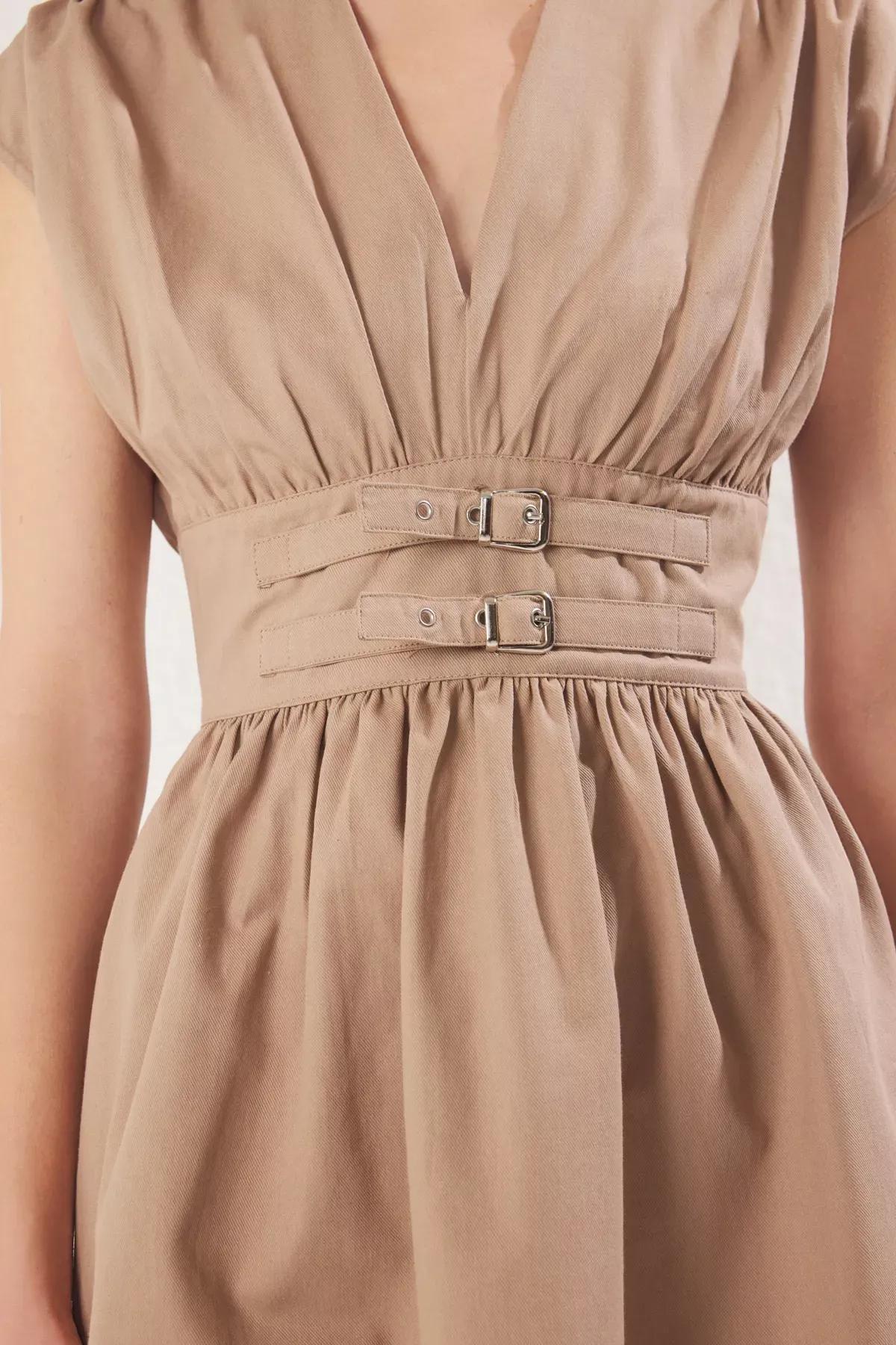 Beige Belted Straight A-Line Mini Dress, CAMEL, large image number 3