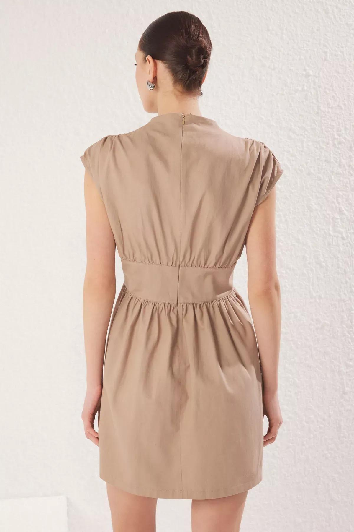Beige Belted Straight A-Line Mini Dress, CAMEL, large image number 4