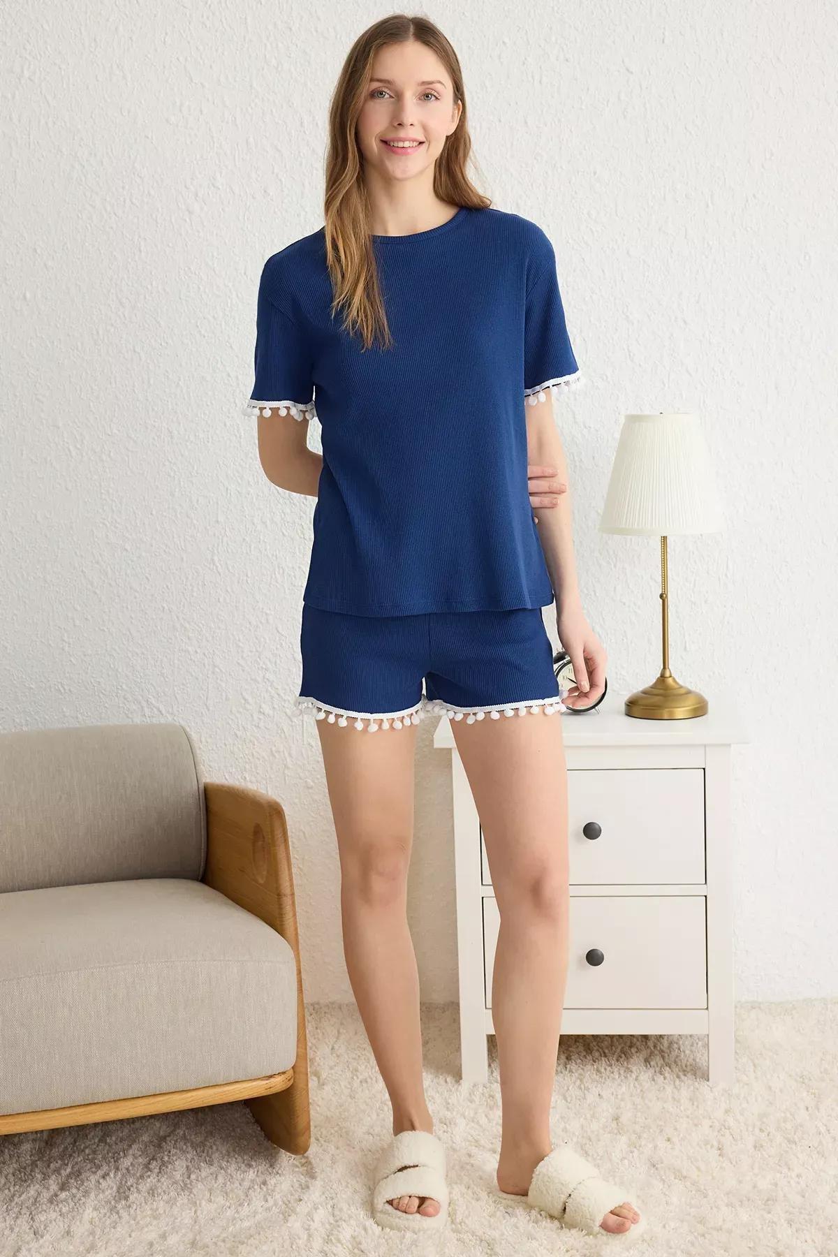 Navy Pompom Detail Pajama Set with Ribbed Shorts, Navy blue, large image number 0