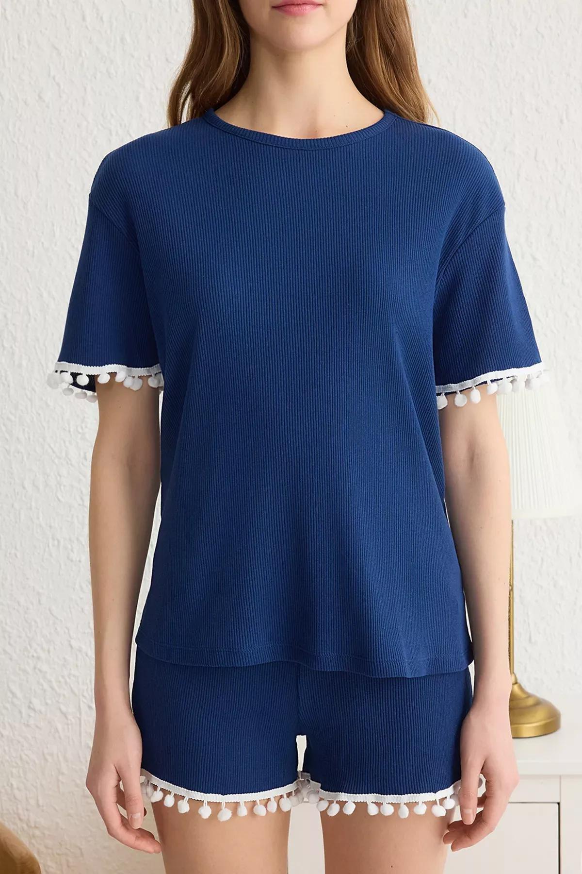 Navy Pompom Detail Pajama Set with Ribbed Shorts, Navy blue, large image number 2