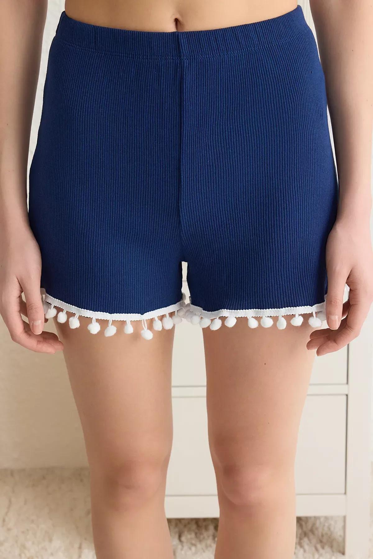 Navy Pompom Detail Pajama Set with Ribbed Shorts, Navy blue, large image number 3