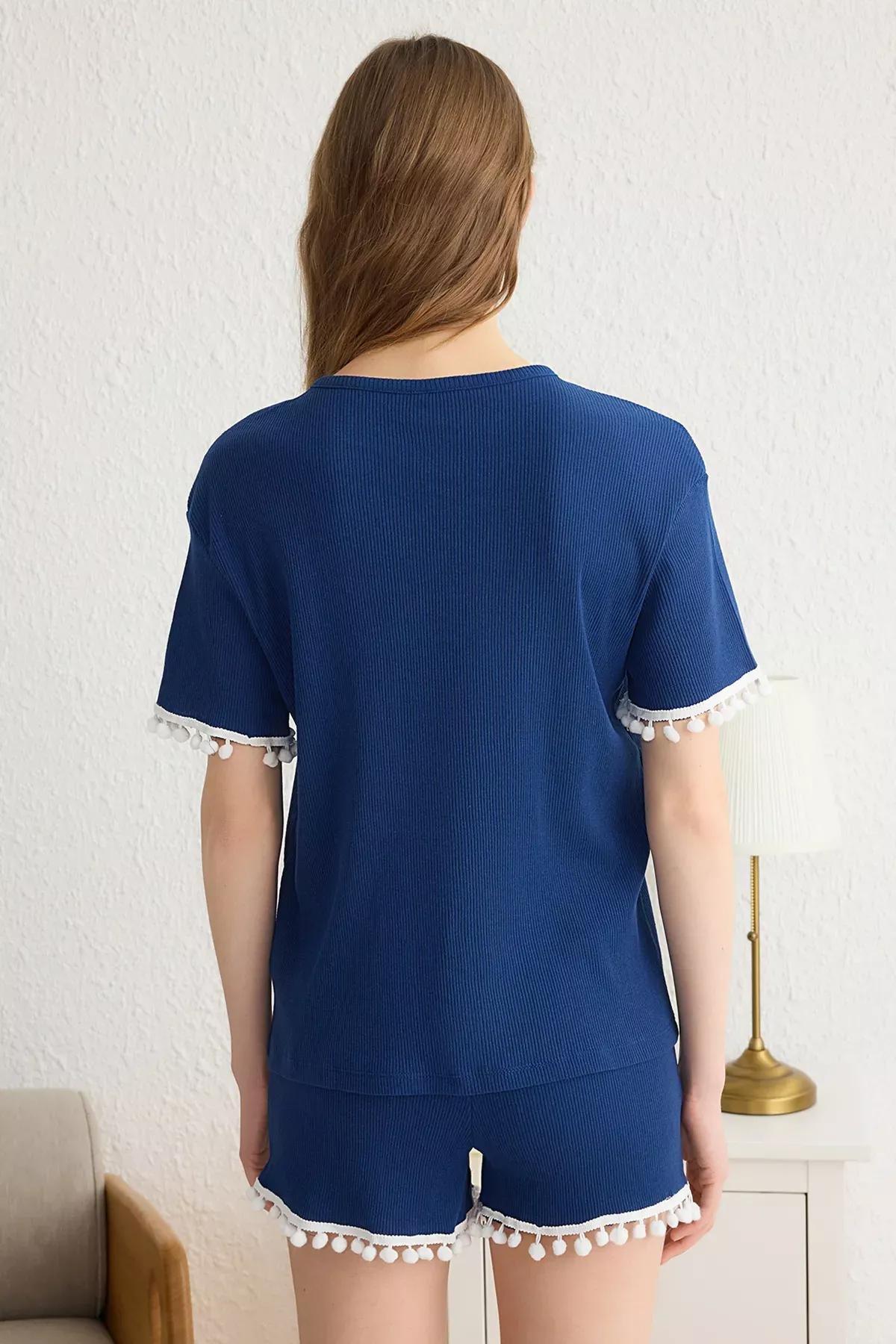 Navy Pompom Detail Pajama Set with Ribbed Shorts, Navy blue, large image number 4