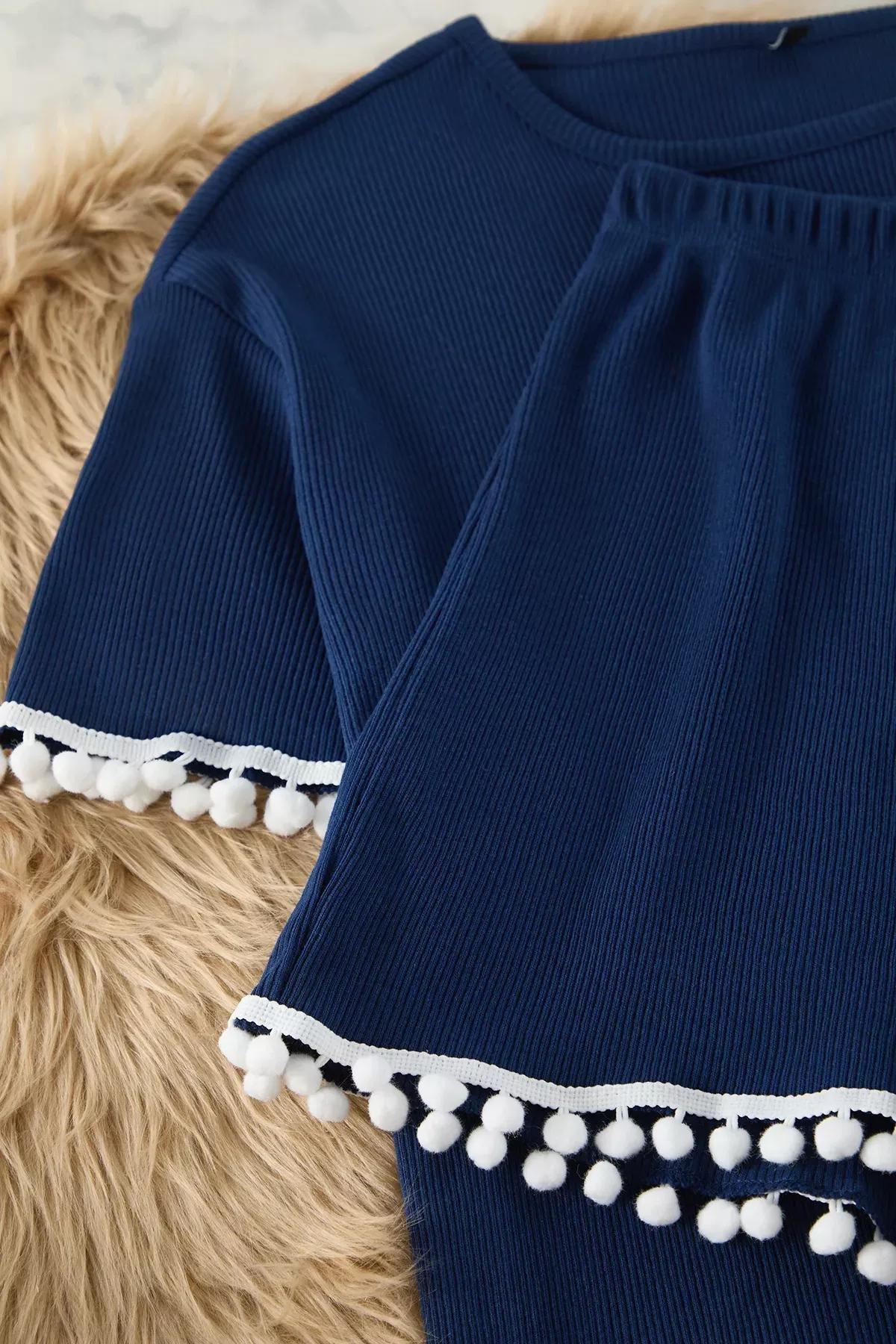 Navy Pompom Detail Pajama Set with Ribbed Shorts, Navy blue, large image number 5