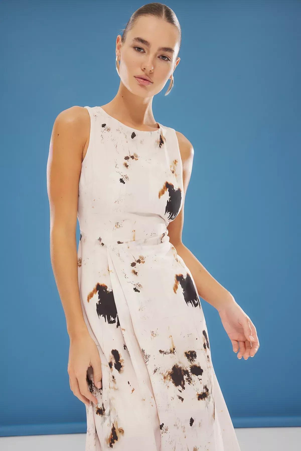 Beige Animal Patterned A-Line Midi Dress, Ecru, large image number 1