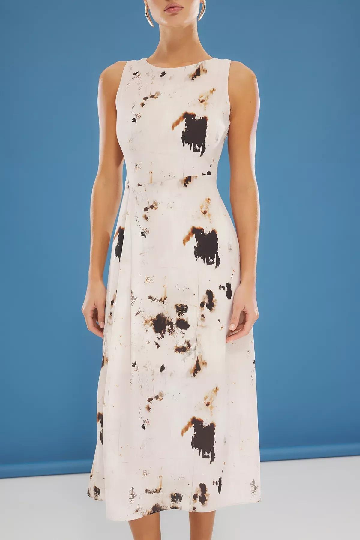 Beige Animal Patterned A-Line Midi Dress, Ecru, large image number 3