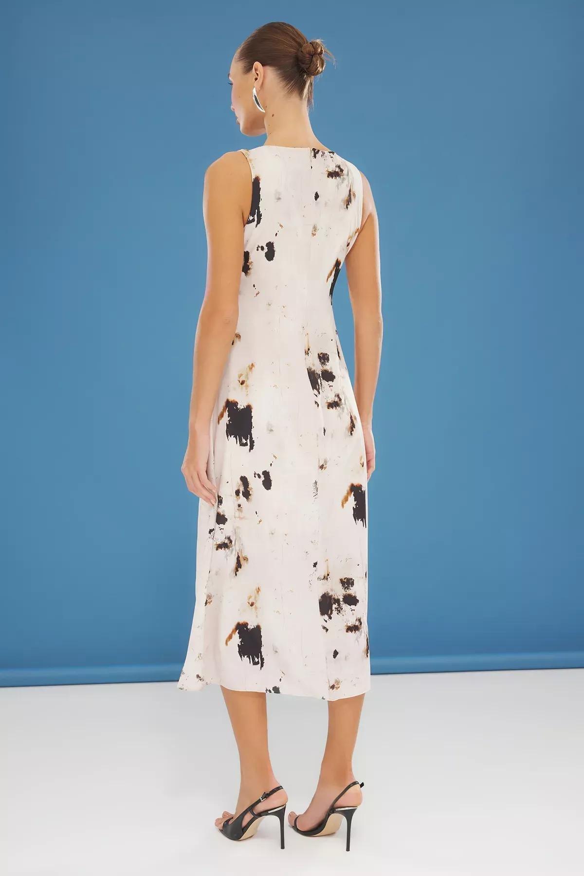 Beige Animal Patterned A-Line Midi Dress, Ecru, large image number 4