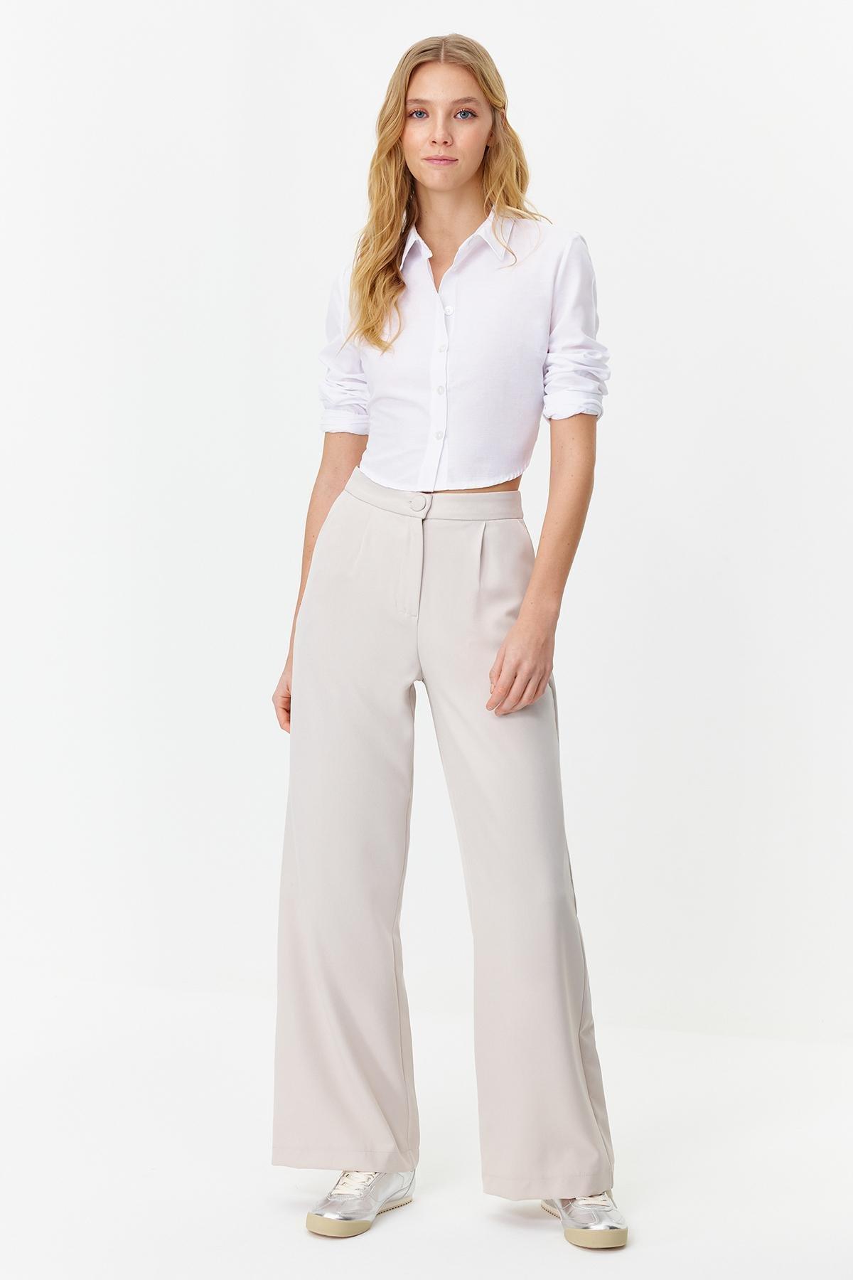 Grey Wide Leg Pleated Woven Trousers, , large image number 0
