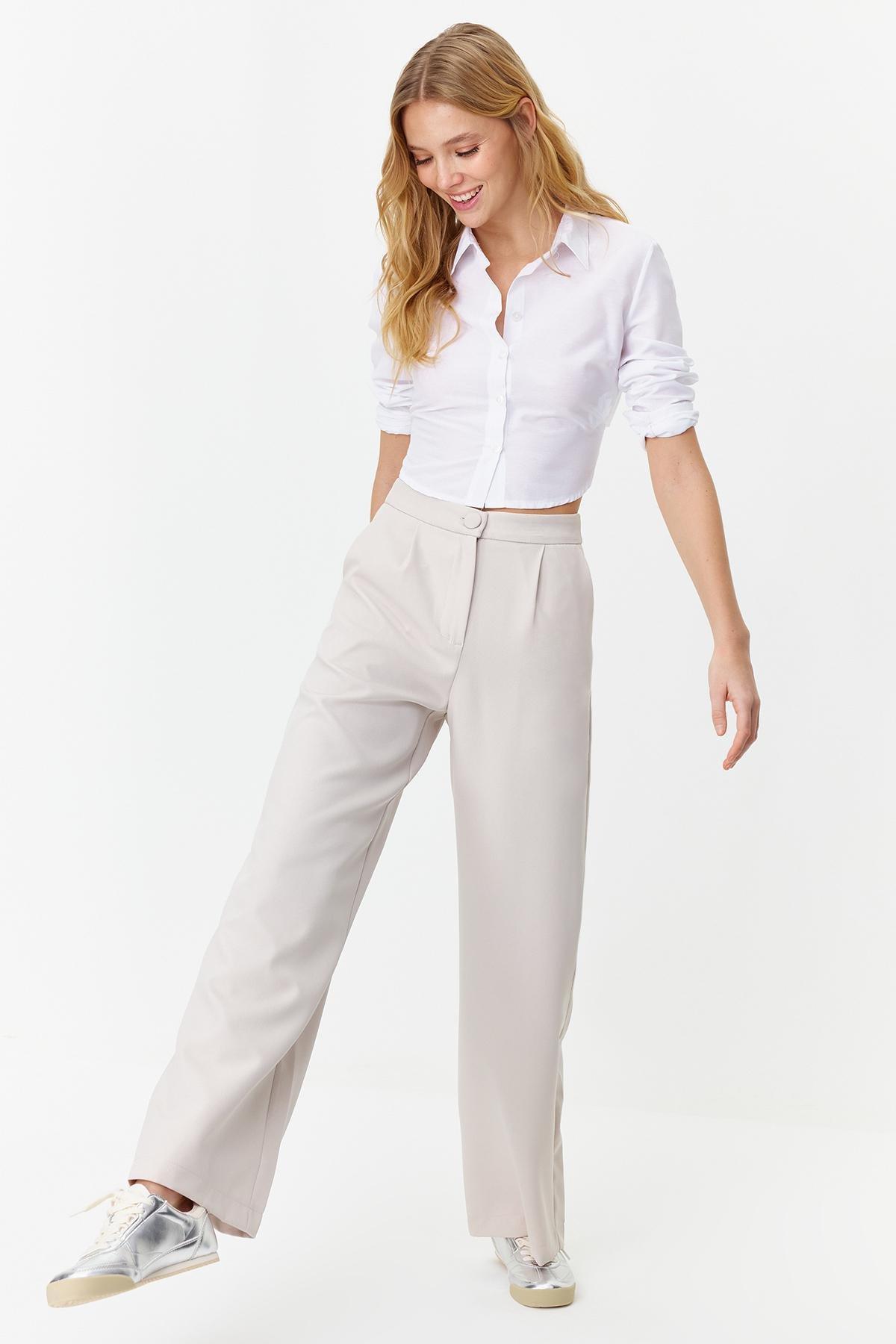 Grey Wide Leg Pleated Woven Trousers, , large image number 1