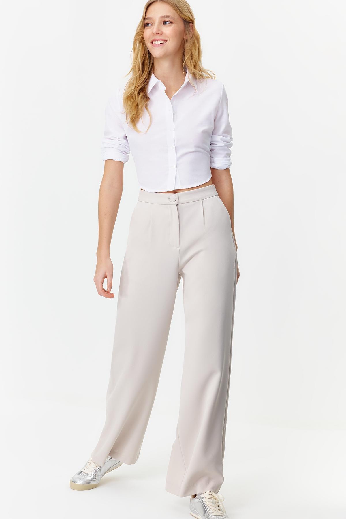 Grey Wide Leg Pleated Woven Trousers, , large image number 2
