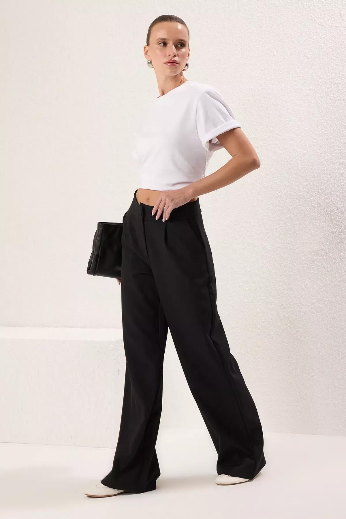 Black Wide Leg High Waist Pants, Black, medium