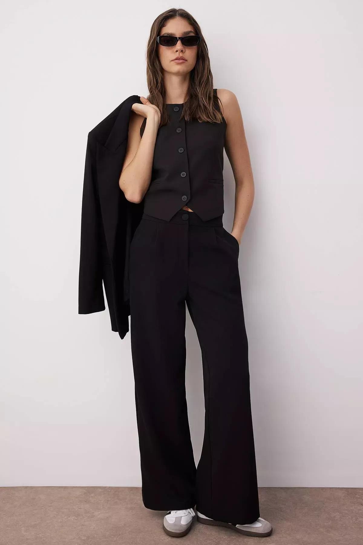 Black Wide Leg High Waist Pants, Black, medium