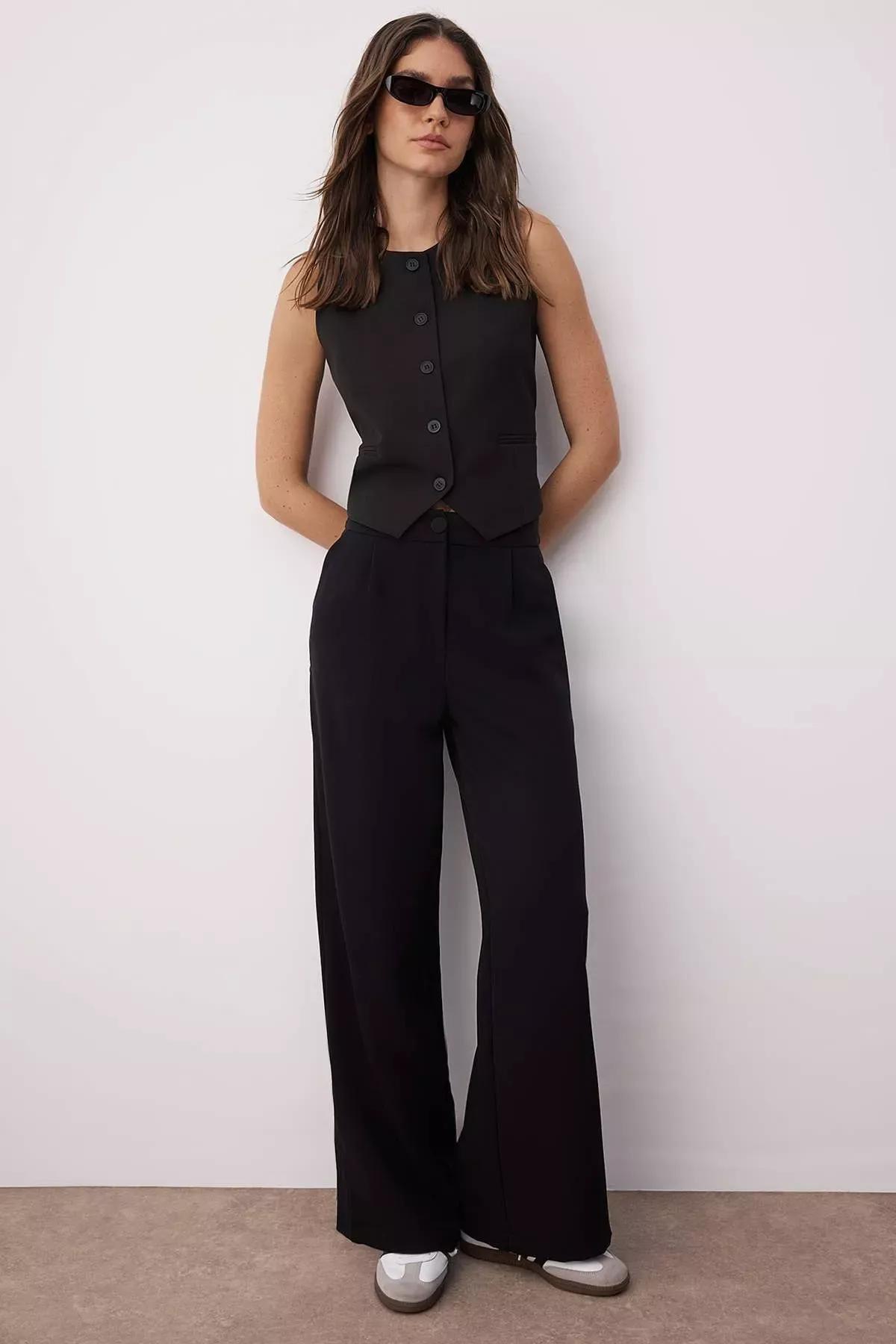Black Wide Leg High Waist Pants, Black, medium
