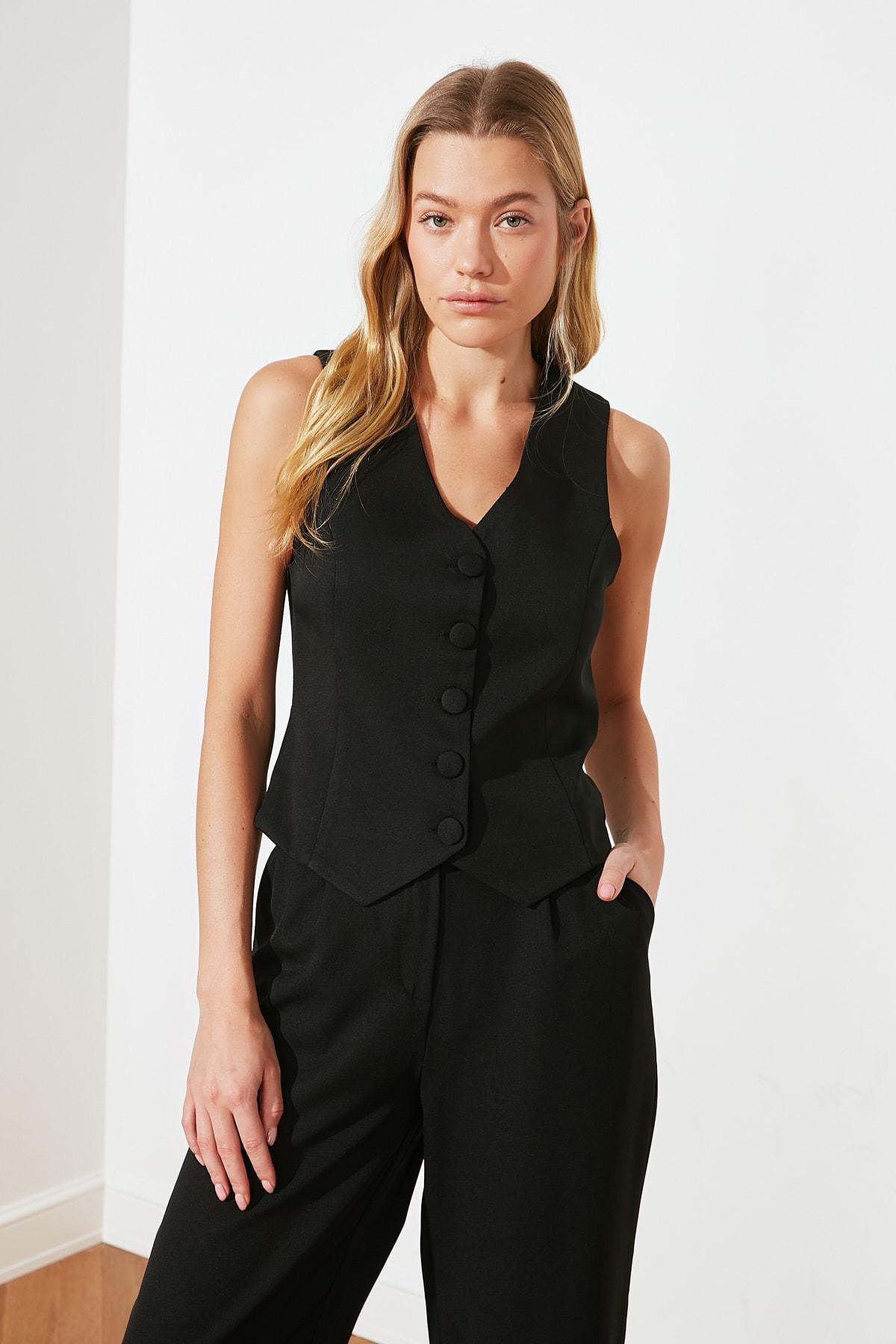 Black V-Neck Fitted Vest, Black, large image number 5