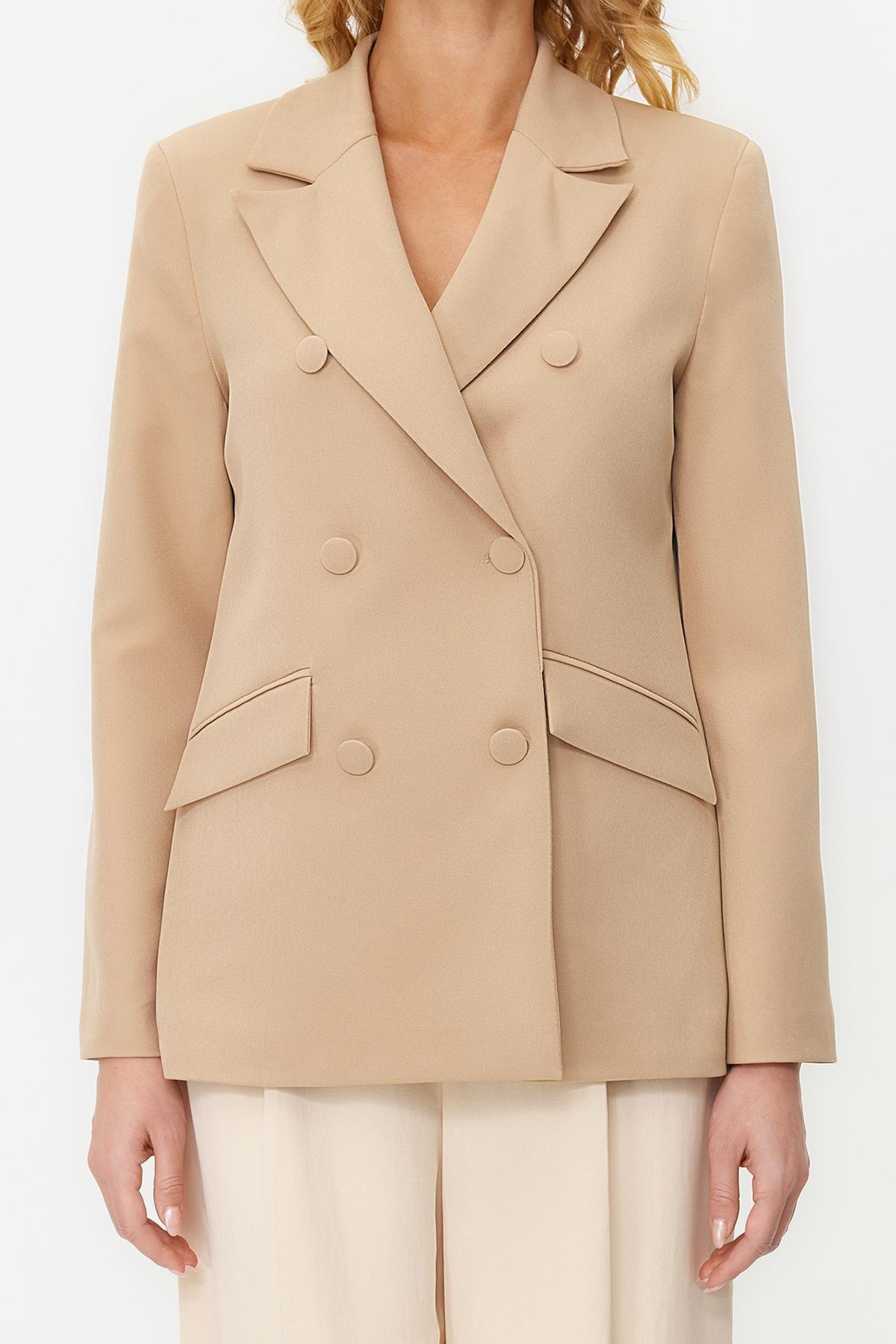 Brown Lined Double Breasted Blazer, , large image number 4