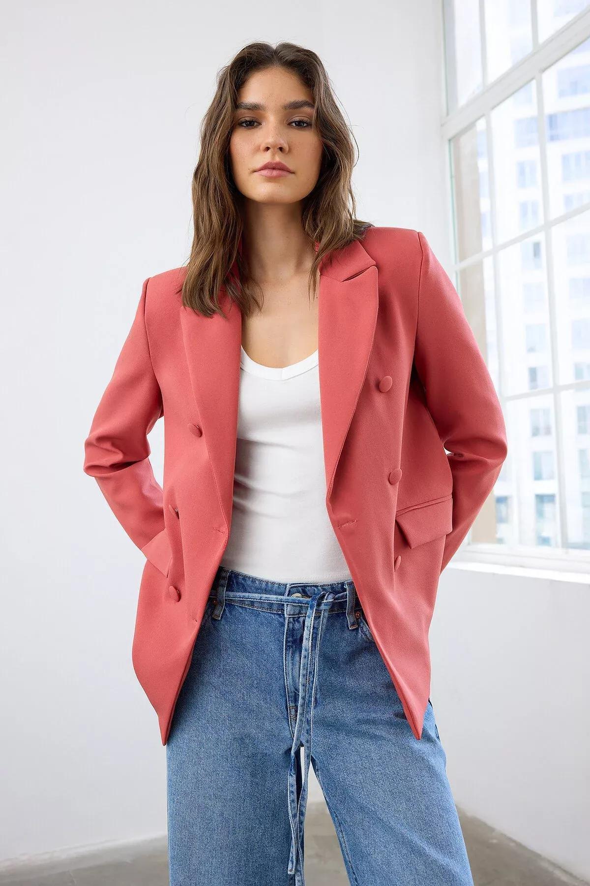Pink Lined Double Breasted Blazer, Pomegranate flower, medium
