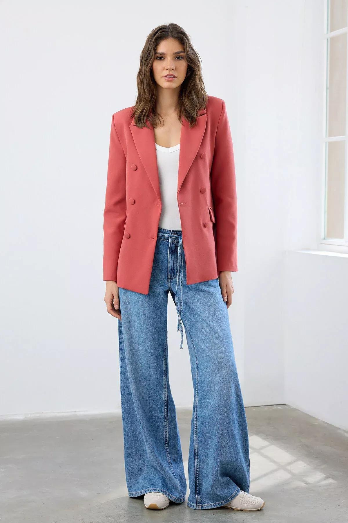 Pink Lined Double Breasted Blazer, Pomegranate flower, medium