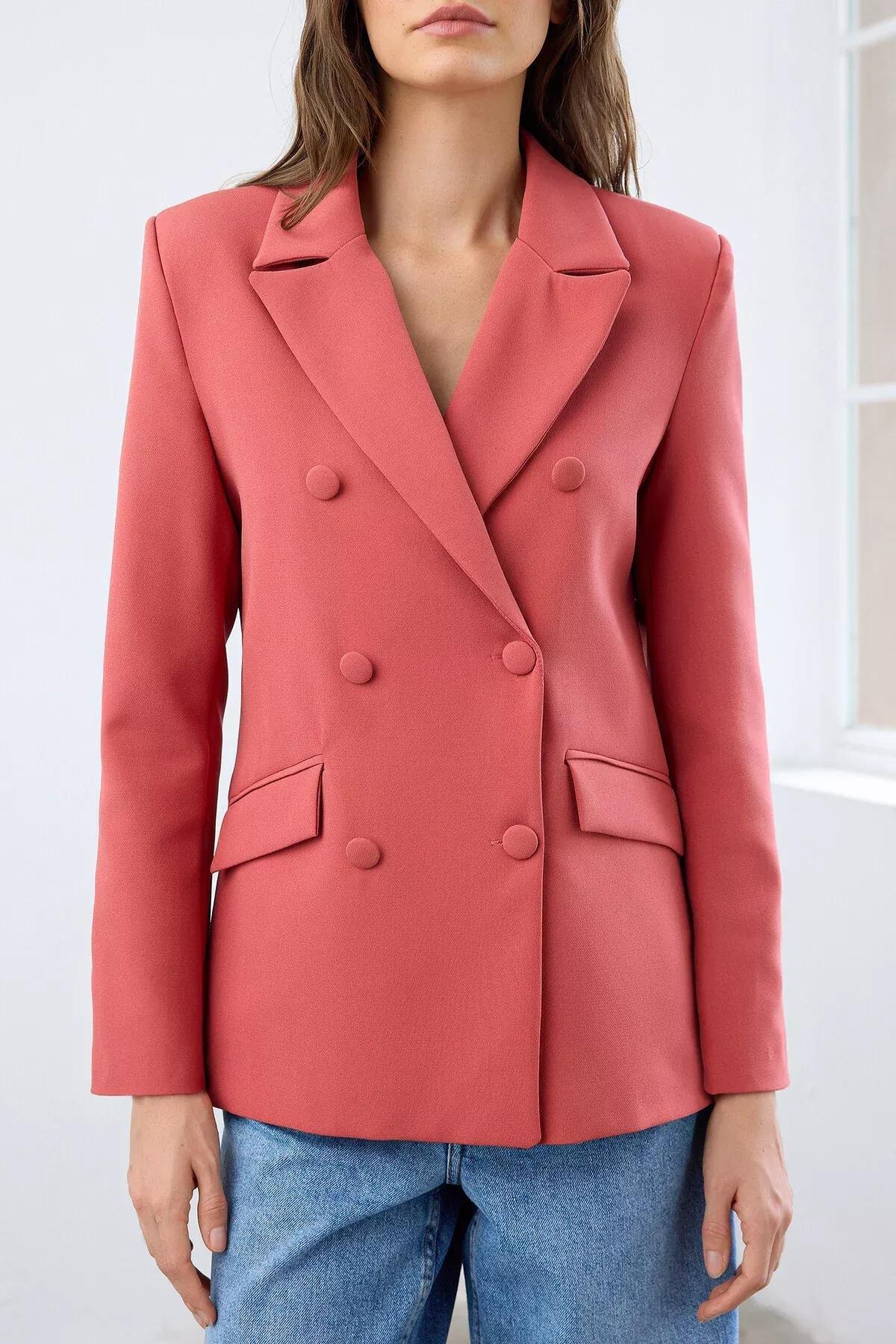 Pink Lined Double Breasted Blazer, Pomegranate flower, medium