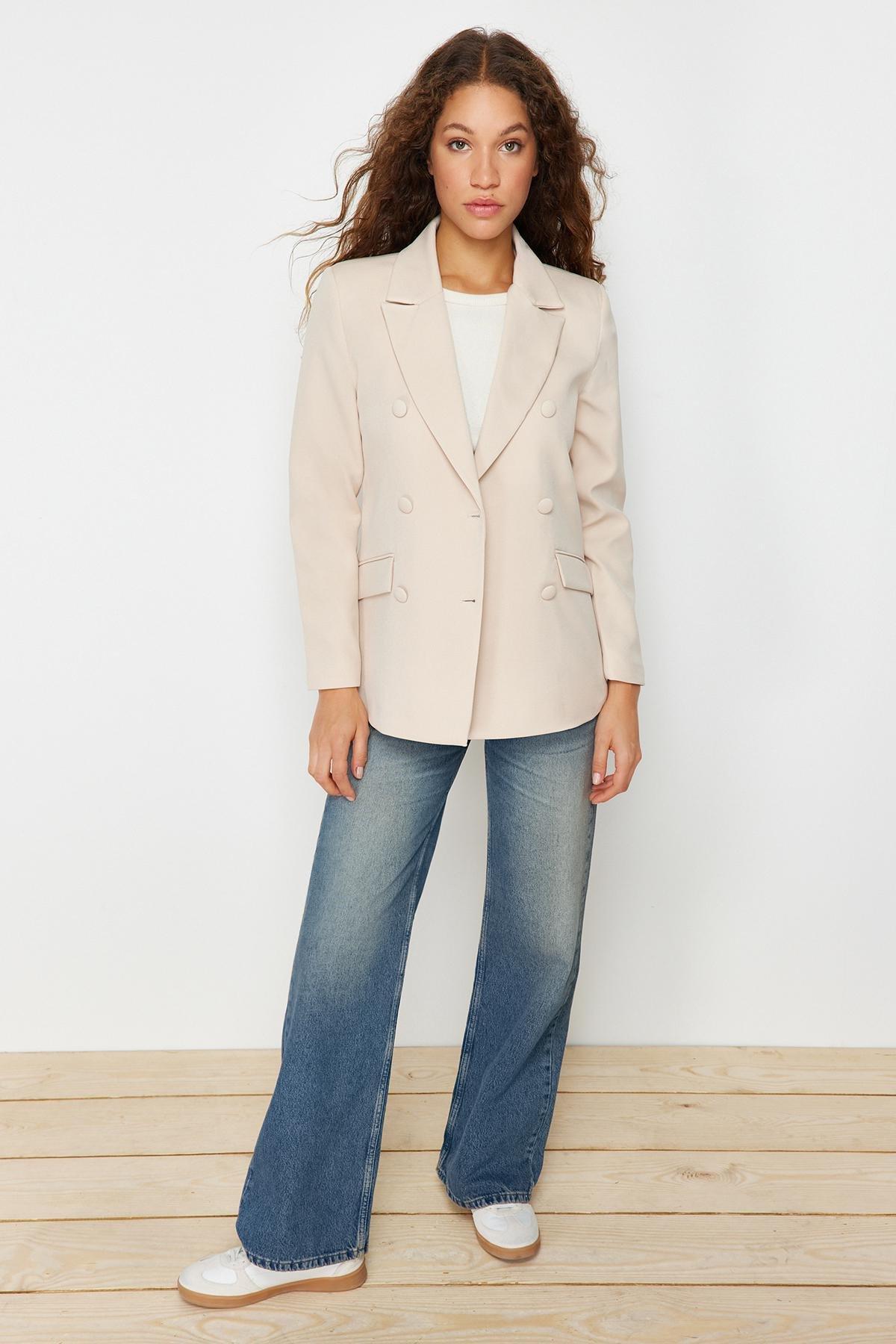 Beige Lapel Collar Blazer, Beige, medium