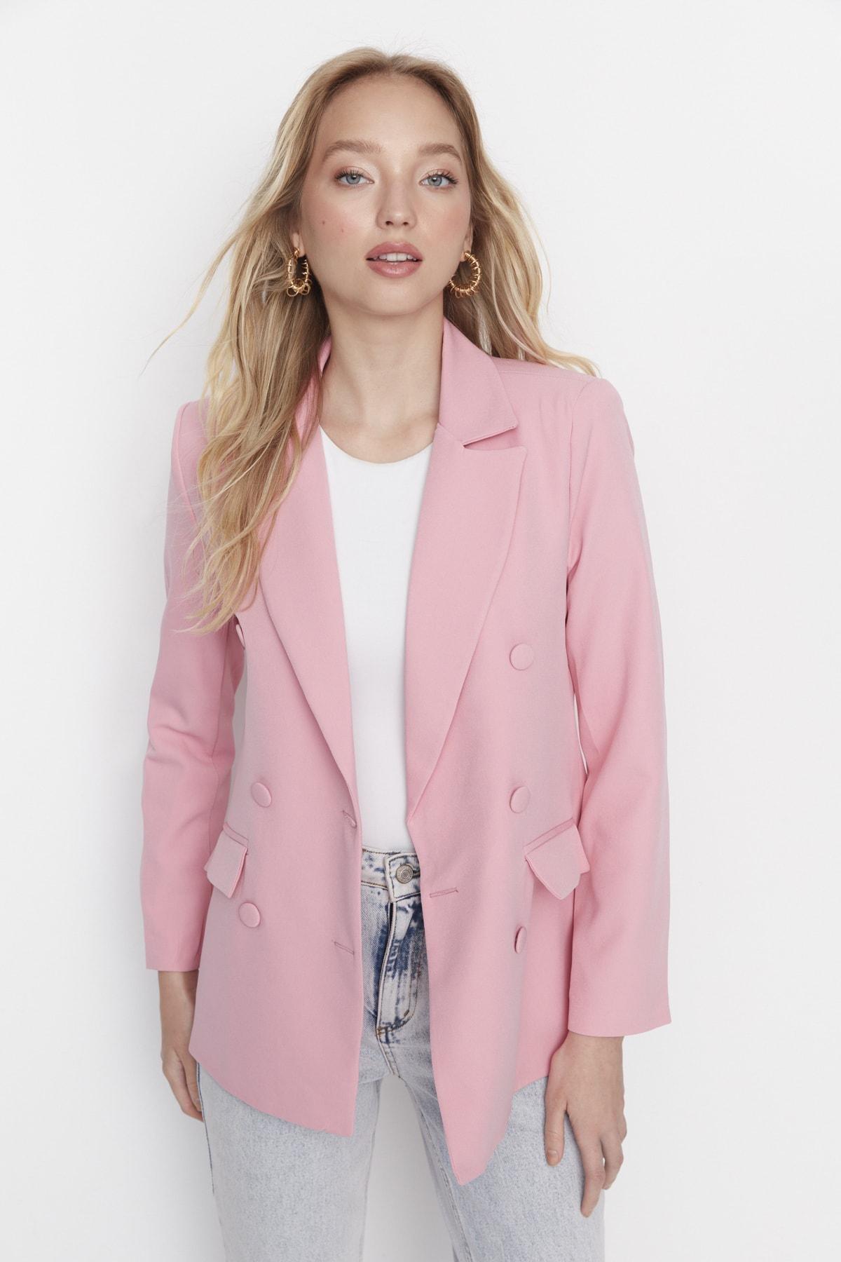 Pink Double Breasted Lapel Collar Blazer, Purple, medium