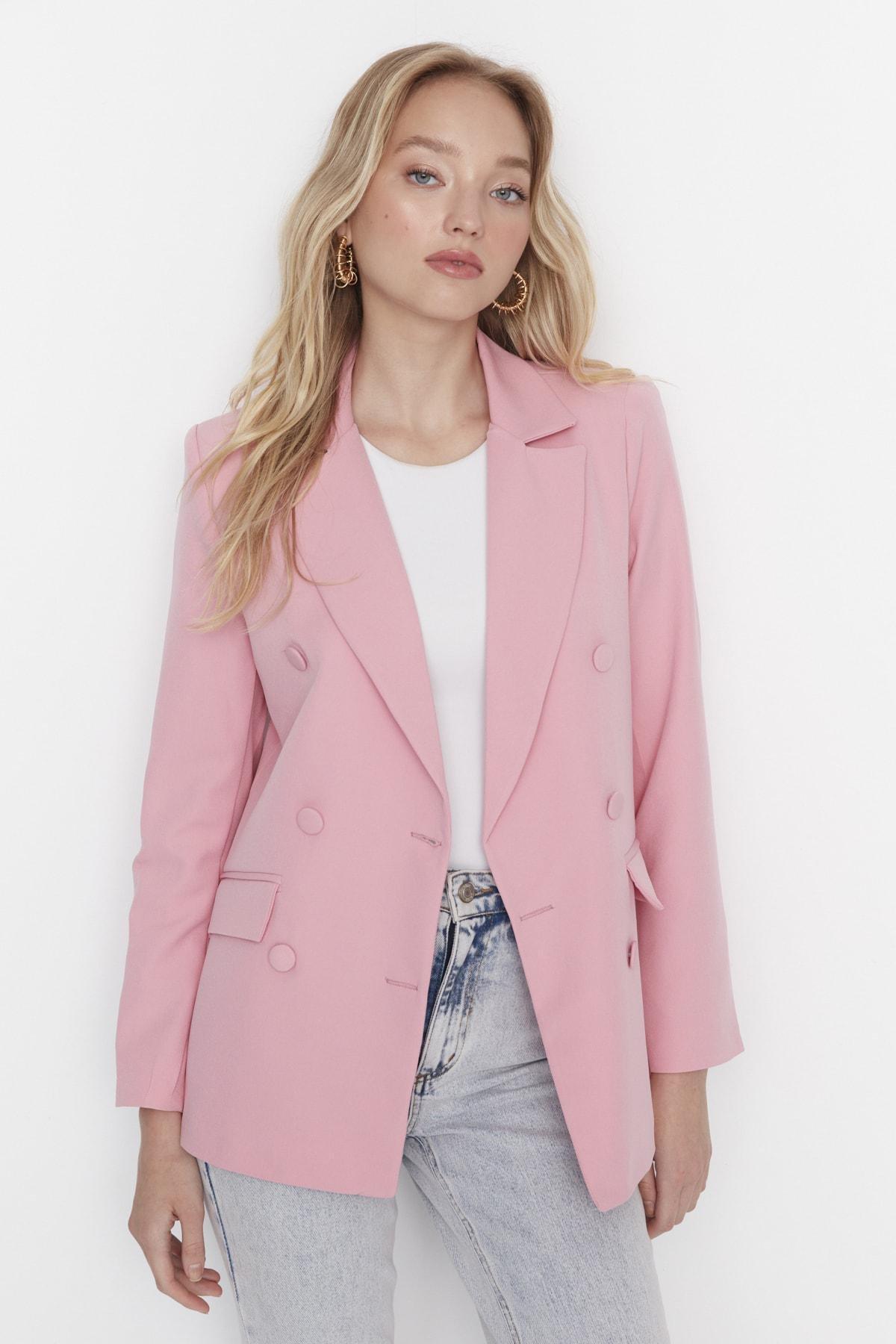 Pink Double Breasted Lapel Collar Blazer, , large image number 2