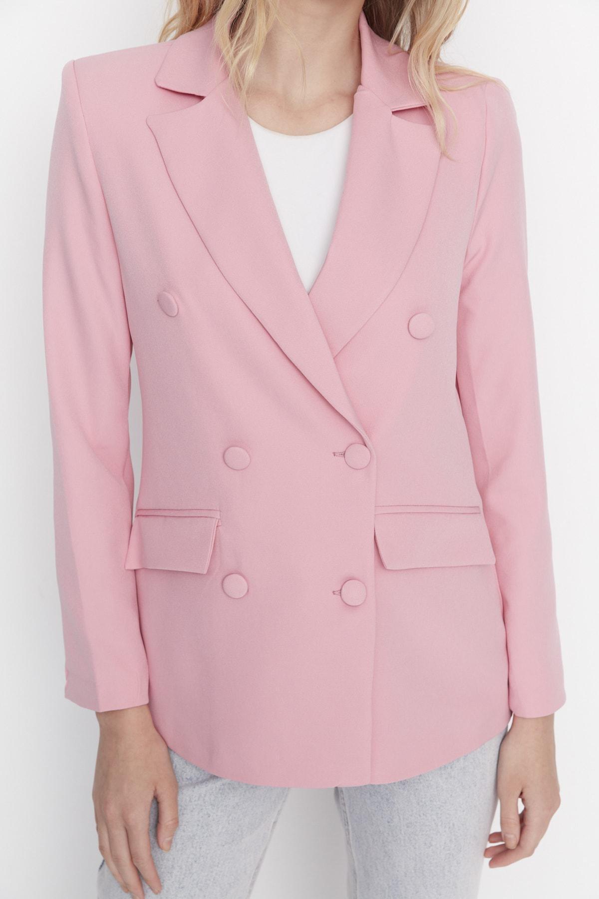 Pink Double Breasted Lapel Collar Blazer, , large image number 3
