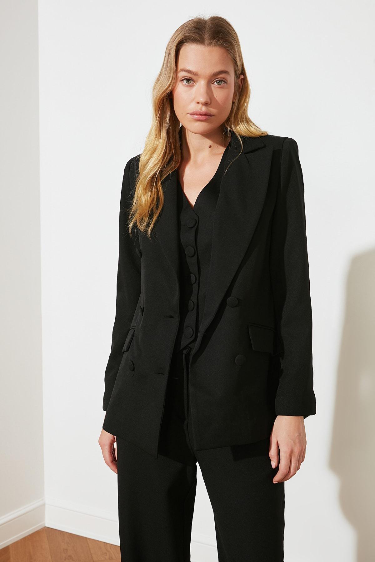 Black Double Breasted Lapel Collar Blazer, , large image number 0