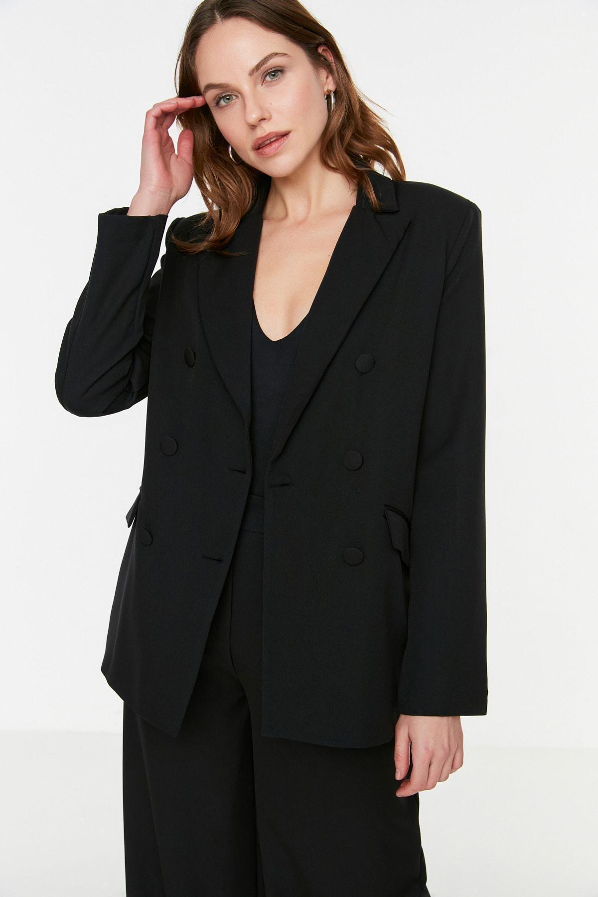 Black Double Breasted Lapel Collar Blazer, , large image number 1