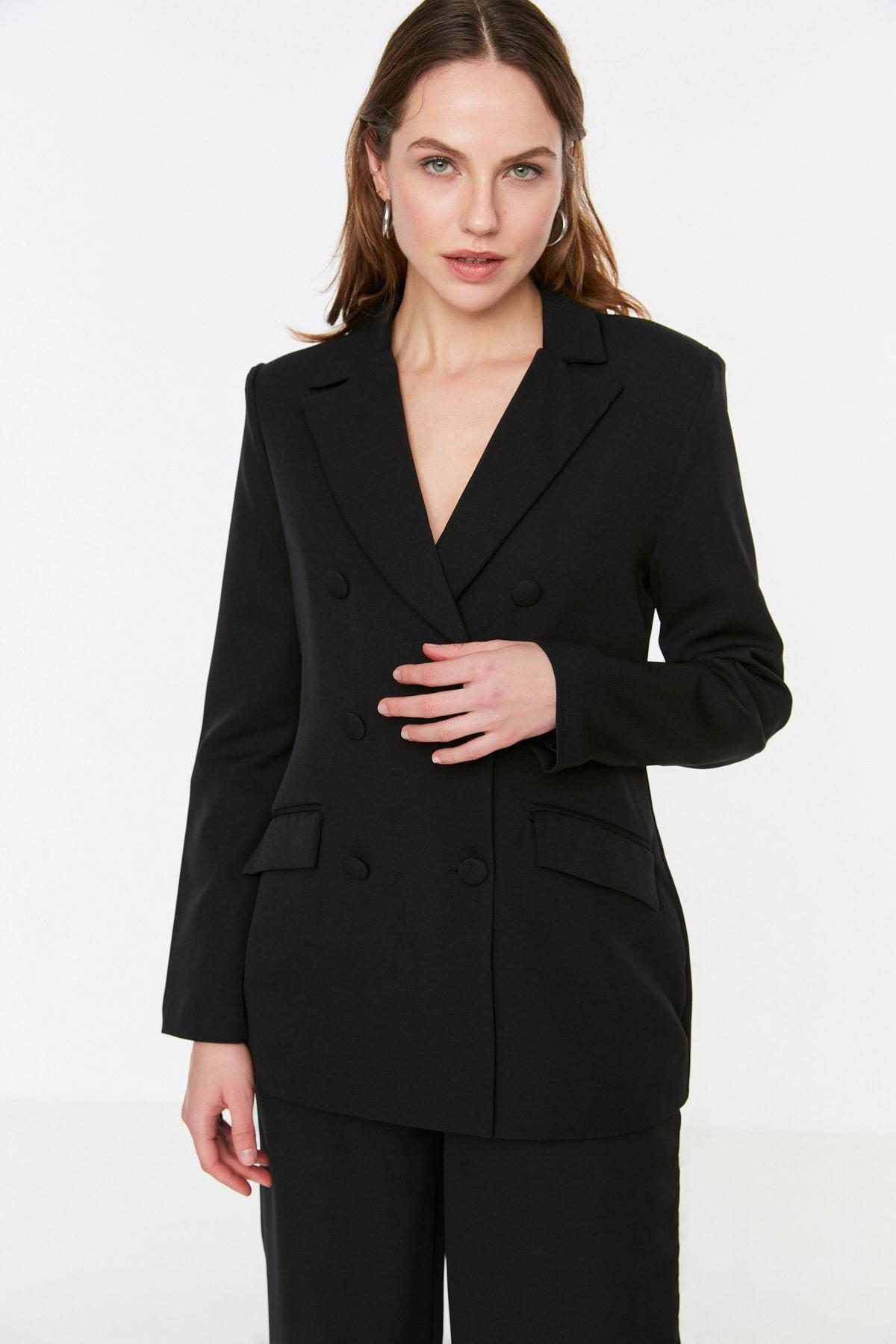 Black Double Breasted Lapel Collar Blazer, , large image number 2