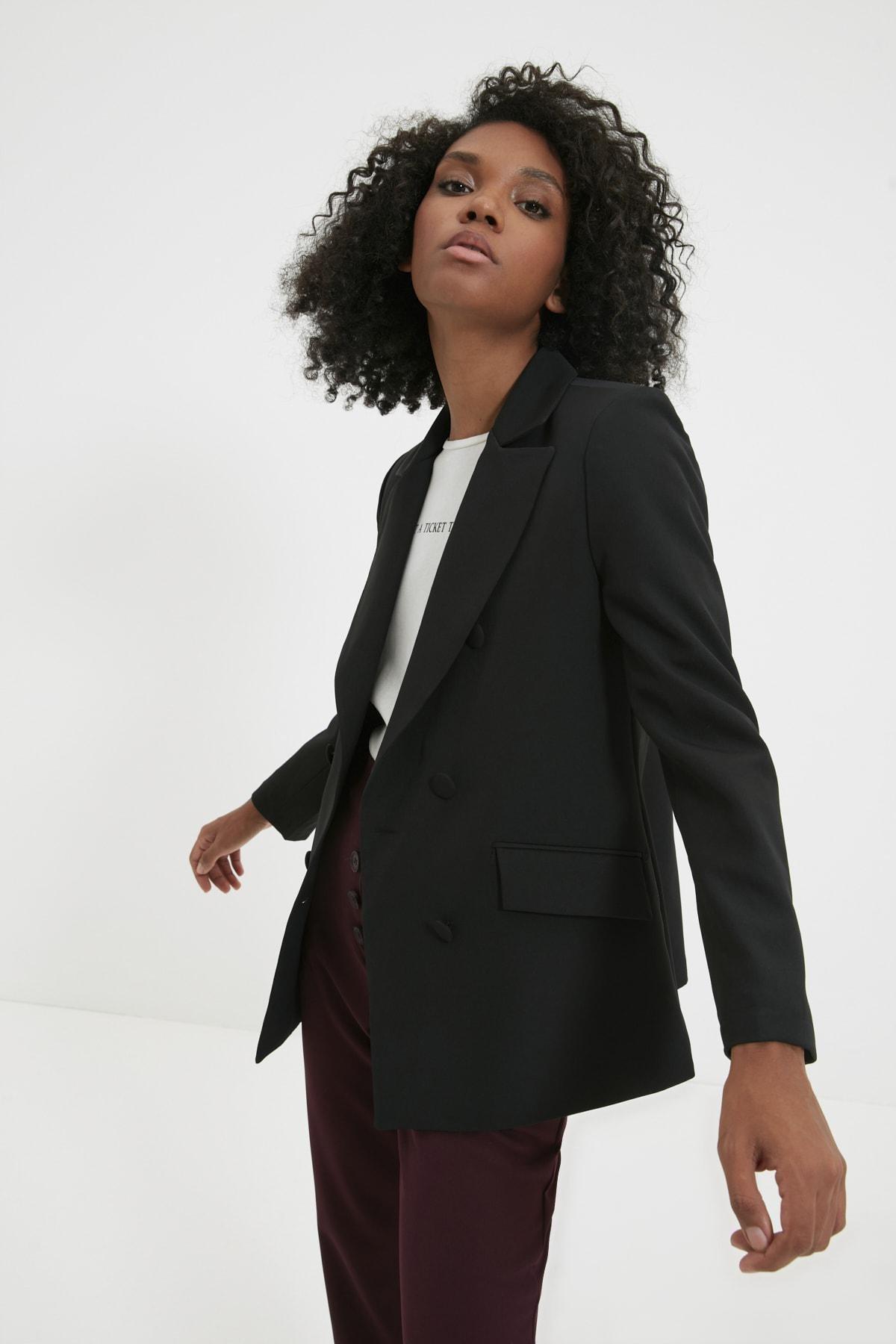 Black Double Breasted Lapel Collar Blazer, Black, large image number 5