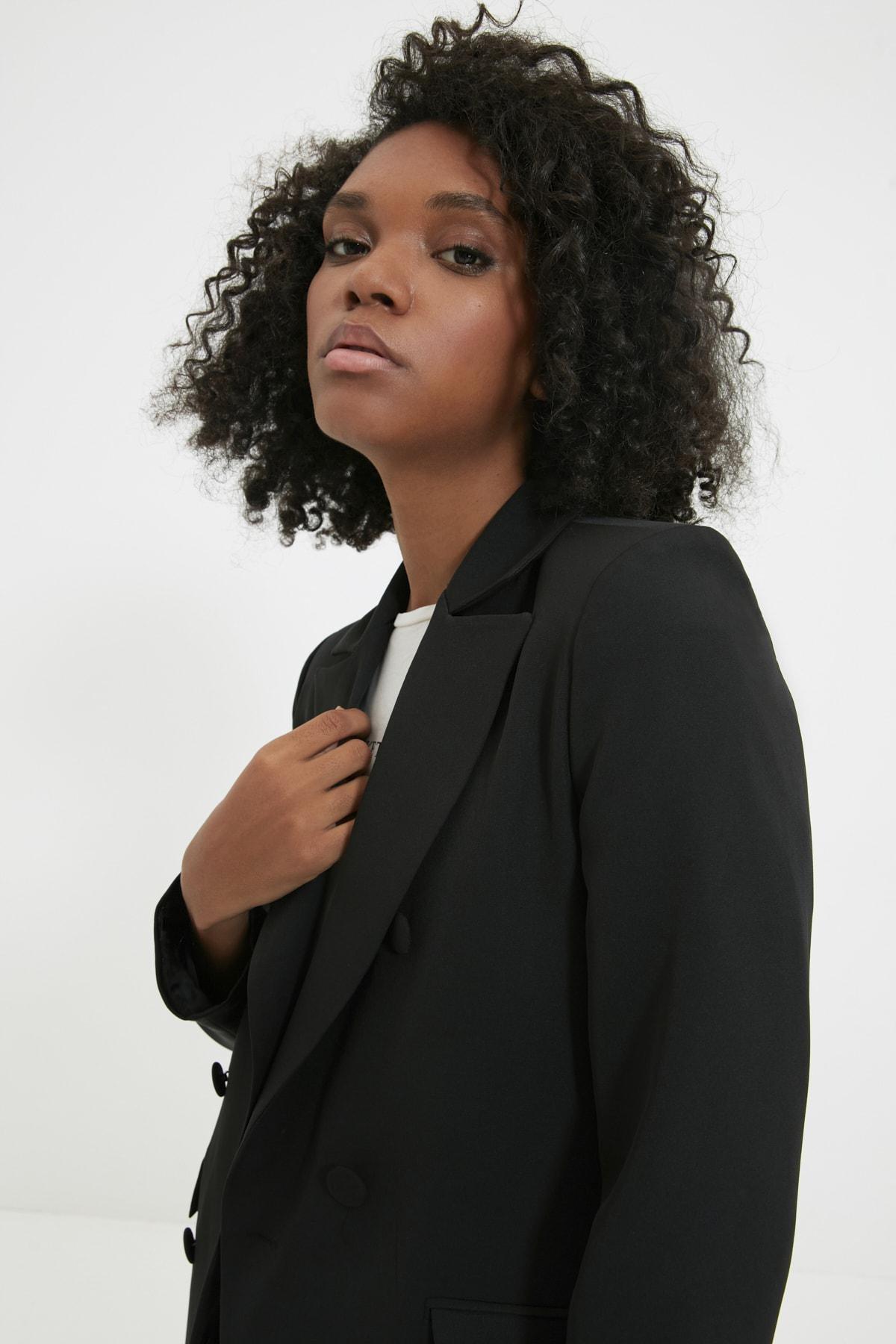 Black Double Breasted Lapel Collar Blazer, , large image number 6