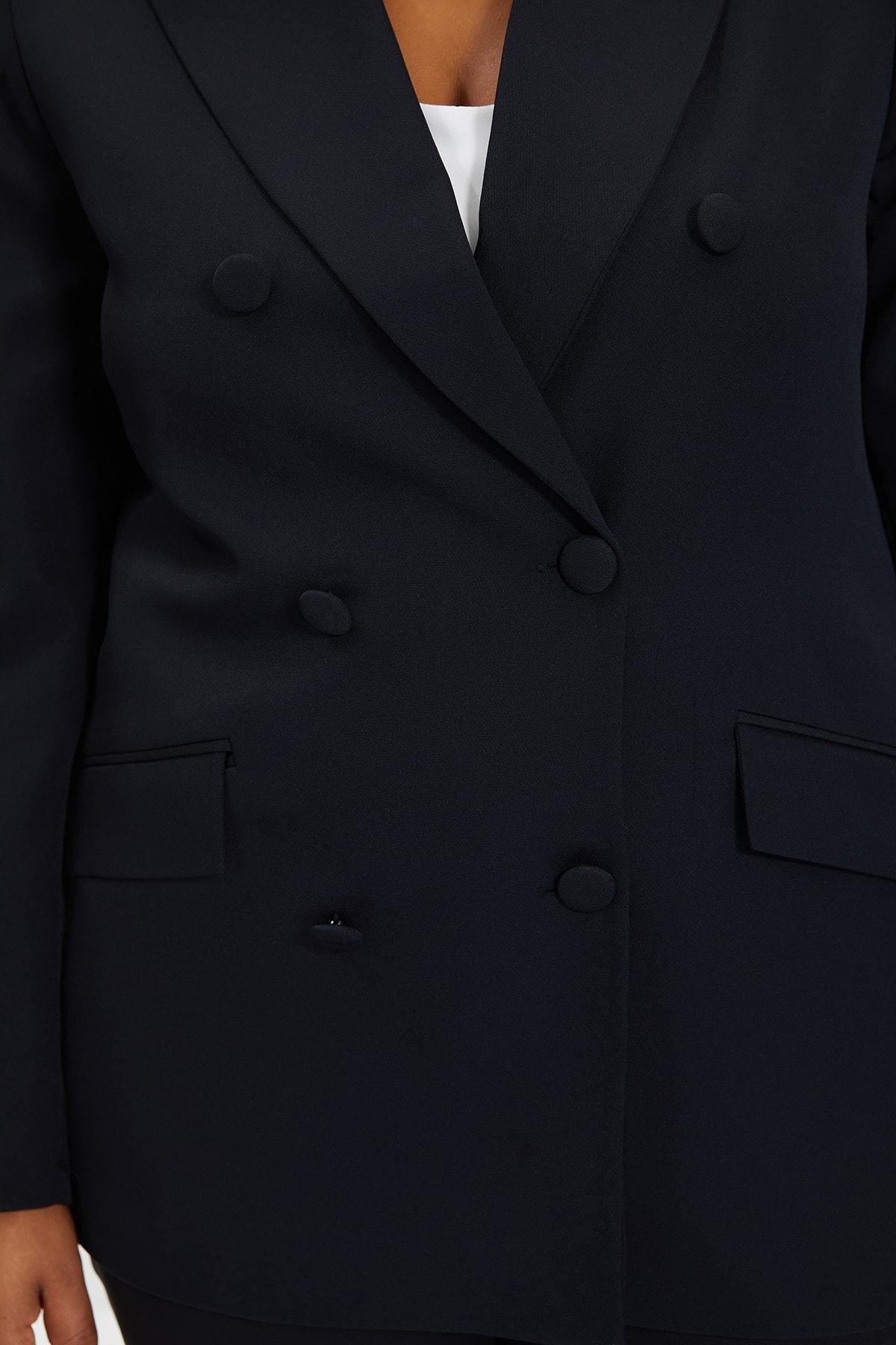 Black Double Breasted Lapel Collar Blazer, , large image number 7
