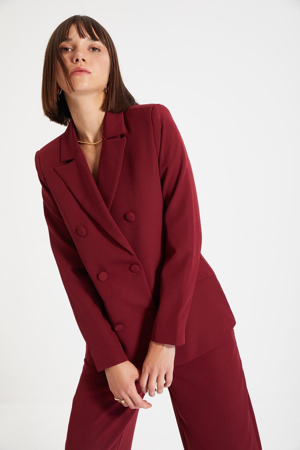 Burgundy Double Breasted Lapel Collar Blazer, Burgundy, medium